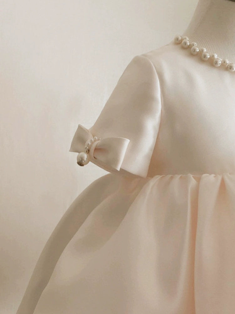 White Princess Round Tea Length Satin Flower Girl Dress for Weddings & Special Occasions - Perfect for Bridal Parties, First Communion & Formal Events