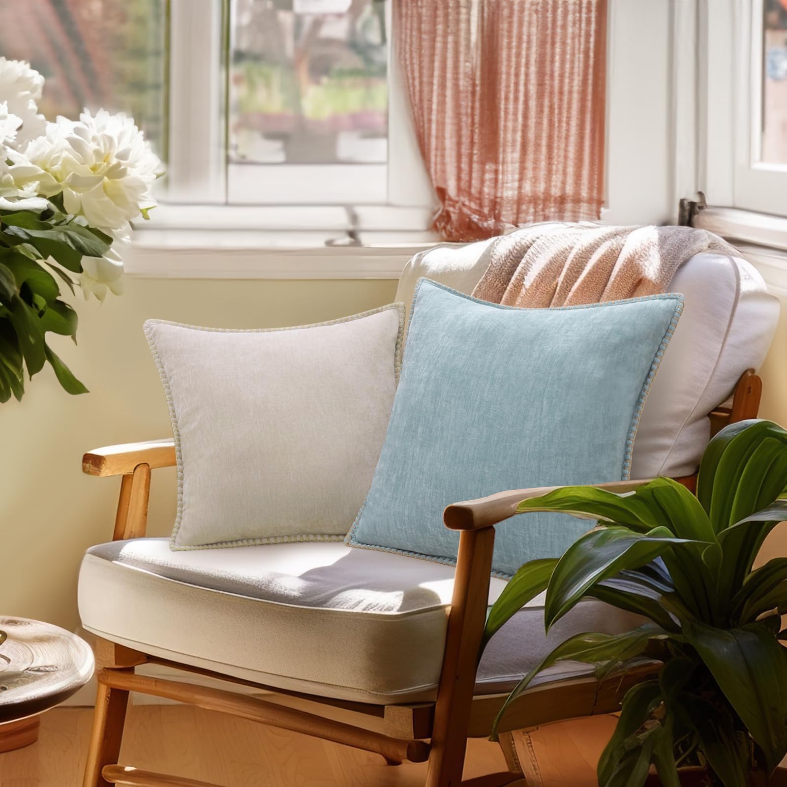 decorUhome Chenille Soft Throw Pillow Covers 26x26 Set of 2 - Farmhouse Velvet Decorative Couch Pillow Covers with Stitched Edge for Sofa, Bed & Home Decor - Bleached Sand - Perfect for Living Room, Bedroom & Cozy Farmhouse Style