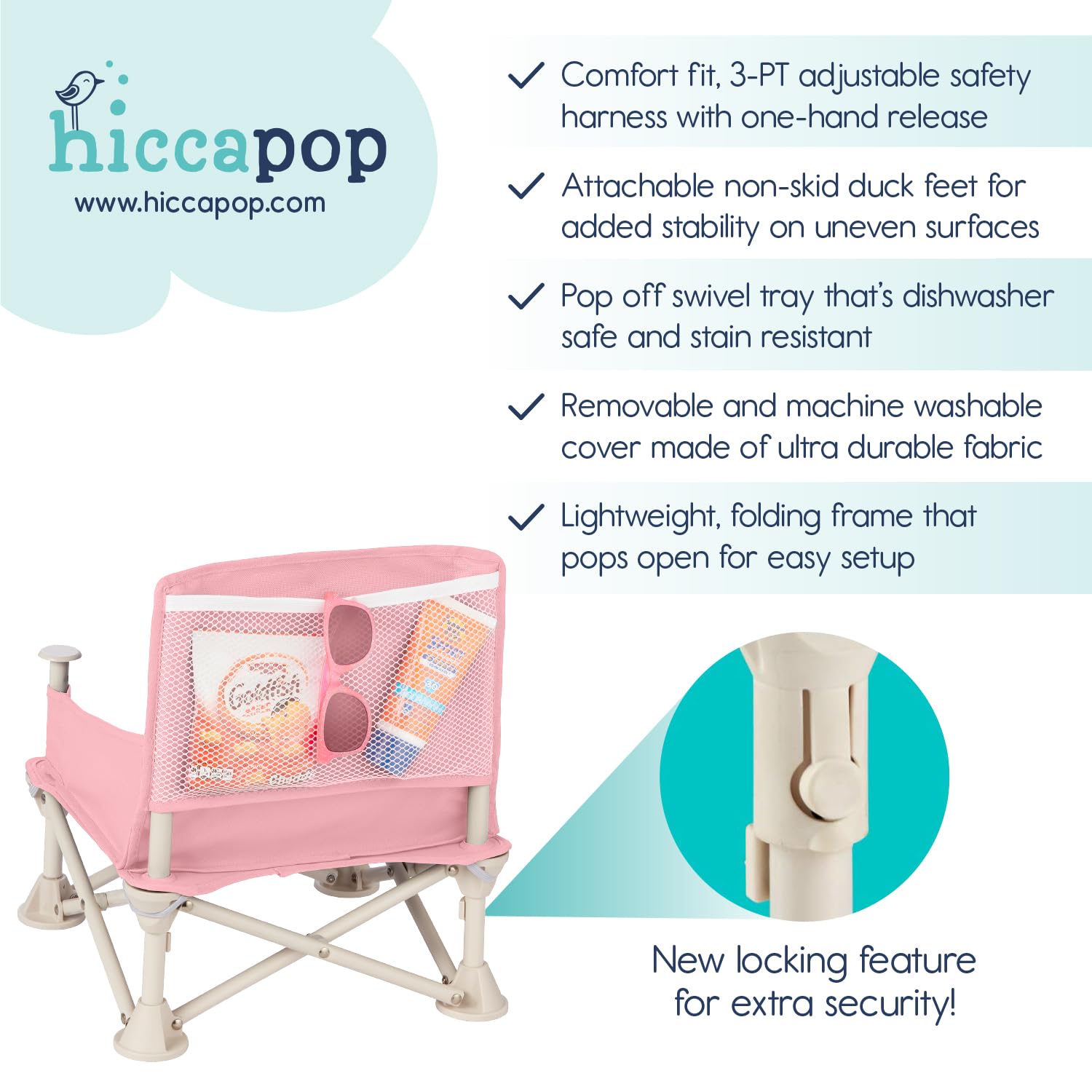 Hiccapop OmniBoost Travel Booster Seat with Tray for Baby - Foldable Portable High Chair for Dining, Camping, Beach & Travel | Tip-Free Design with Safety Straps | Perfect for Restaurants, Picnics & Grandma's House