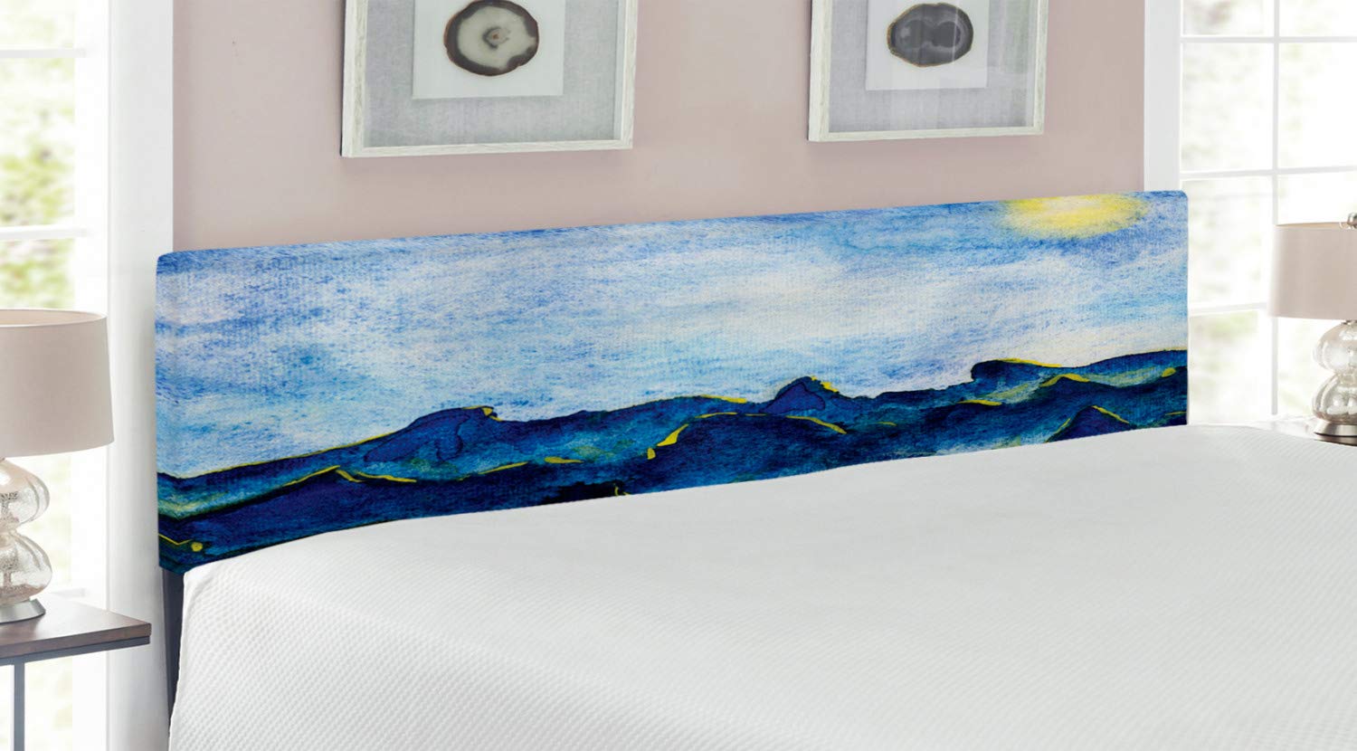 Ambesonne King Size Upholstered Headboard - Vivid Landscape Print of Hills Under Cloudy Sky with Moon Reflection | Decorative Metal Bed Headboard with Memory Foam in Yellow & Blue | Perfect for Bedroom Makeover & Cozy Home Decor