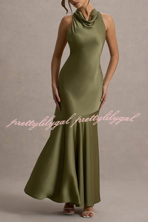 Elegant Satin Cowl Neck Maxi Dress with Back Tie Detail - Perfect for Evening Parties, Weddings & Special Occasions