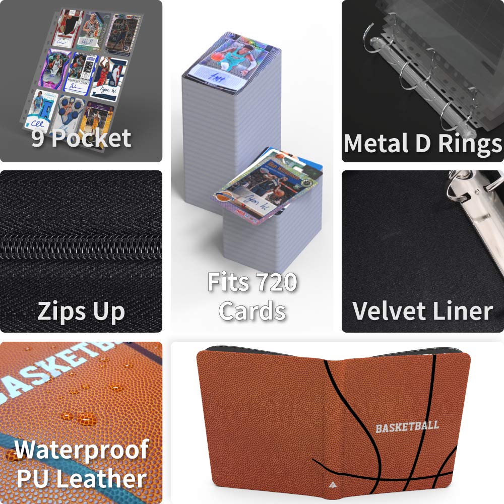 Rayvol Premium Basketball Trading Card Binder - 9-Pocket Authentic Basketball Texture Album Holds 720 Cards with 40 Protective Sleeves | Perfect for NBA Collectors, Sports Memorabilia Storage & Card Show Organization
