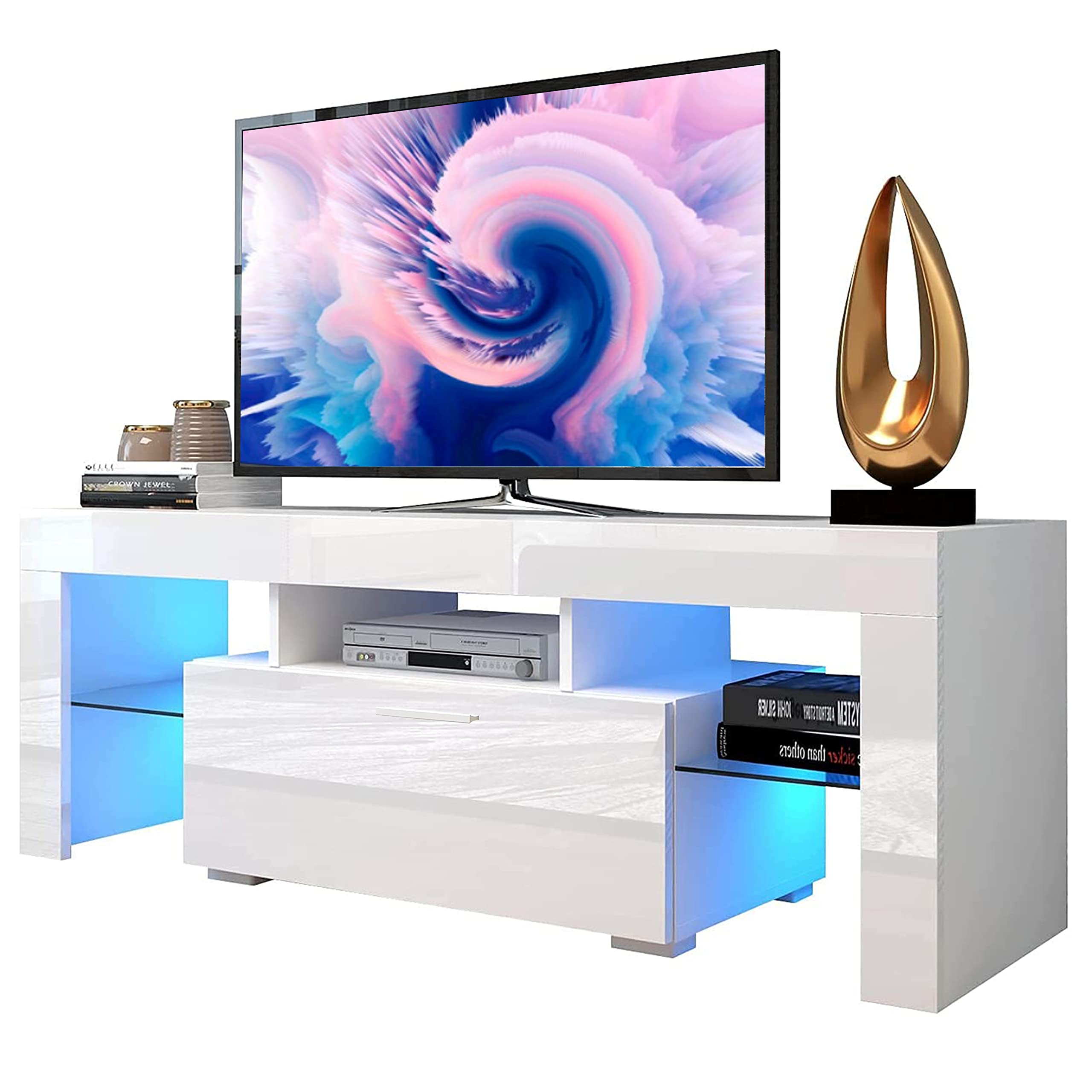 Modern White TV Stand for 45-55 Inch TVs - High-Gloss Entertainment Center with 16 LED Lights & Storage Drawers - Quick Assembly Media Cabinet for Living Room & Bedroom - Perfect for Home Theater & Gaming Setup