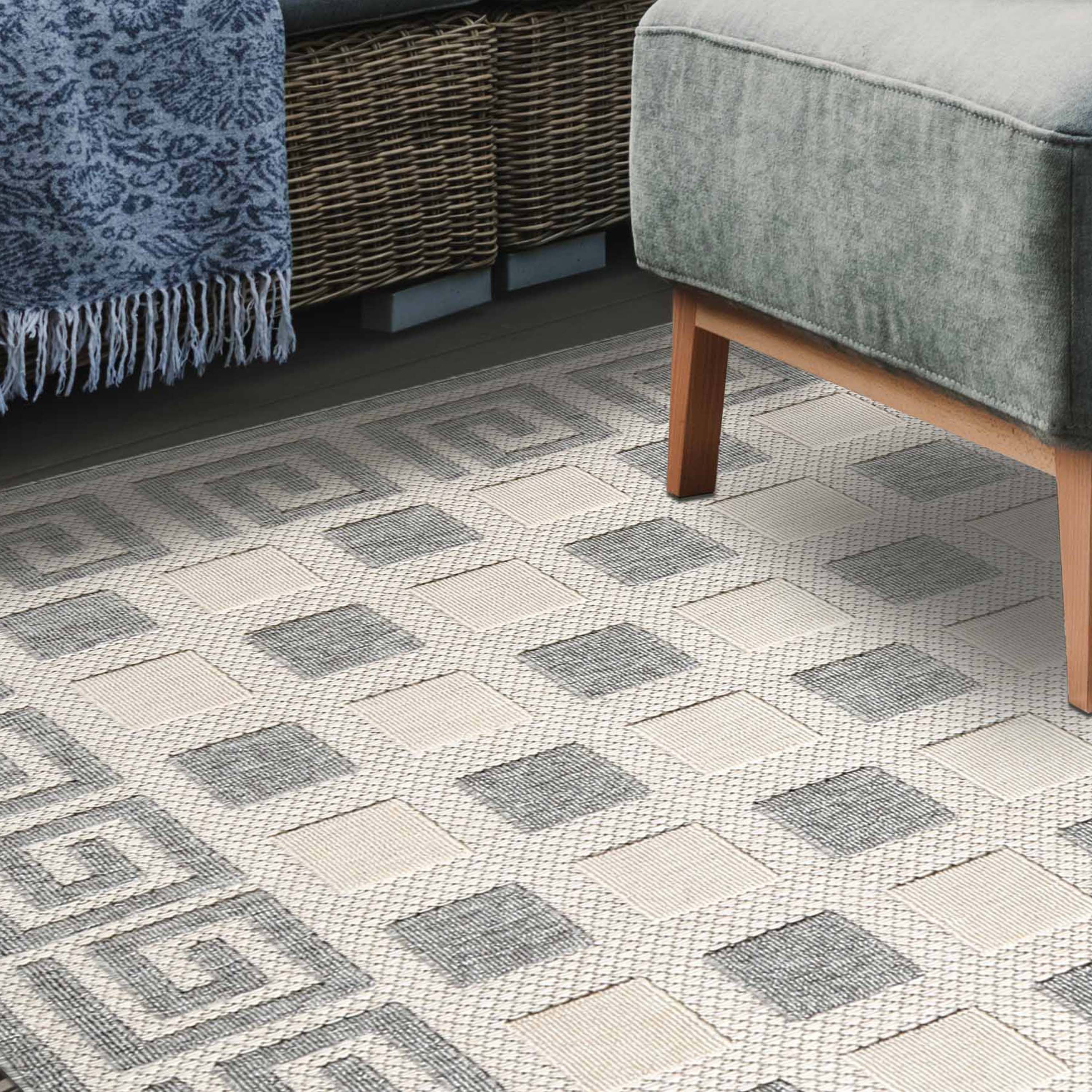Modern Geometric Greek Key Pattern Rug - Non-Slip Indoor Outdoor Area Carpet for Living Room, Bedroom, Patio & Deck - Soft & Durable Home Decor