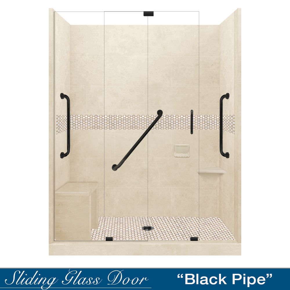 Freedom 60 Alcove Shower Kit - Desert Sand Sistine Stone & Honey Hex Mosaic Tile Backsplash (DIY Bathroom Remodel for Home, Apartment, or RV) - Perfect for Modern Bathroom Upgrades and Spa-Like Shower Experiences