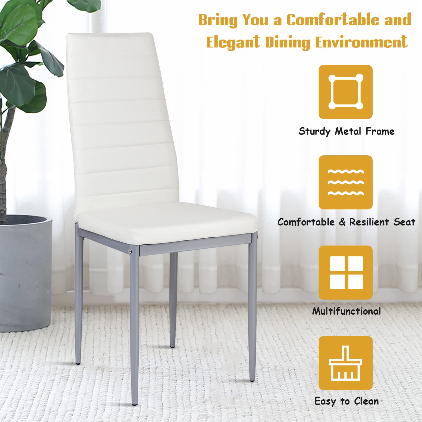 Premium PU Leather Dining Chairs Set of 4 - Ergonomic High Backrest Kitchen Side Chairs with Sturdy Steel Frame - Comfortable Upholstered Seating for Home, Restaurant & Office Use (White)