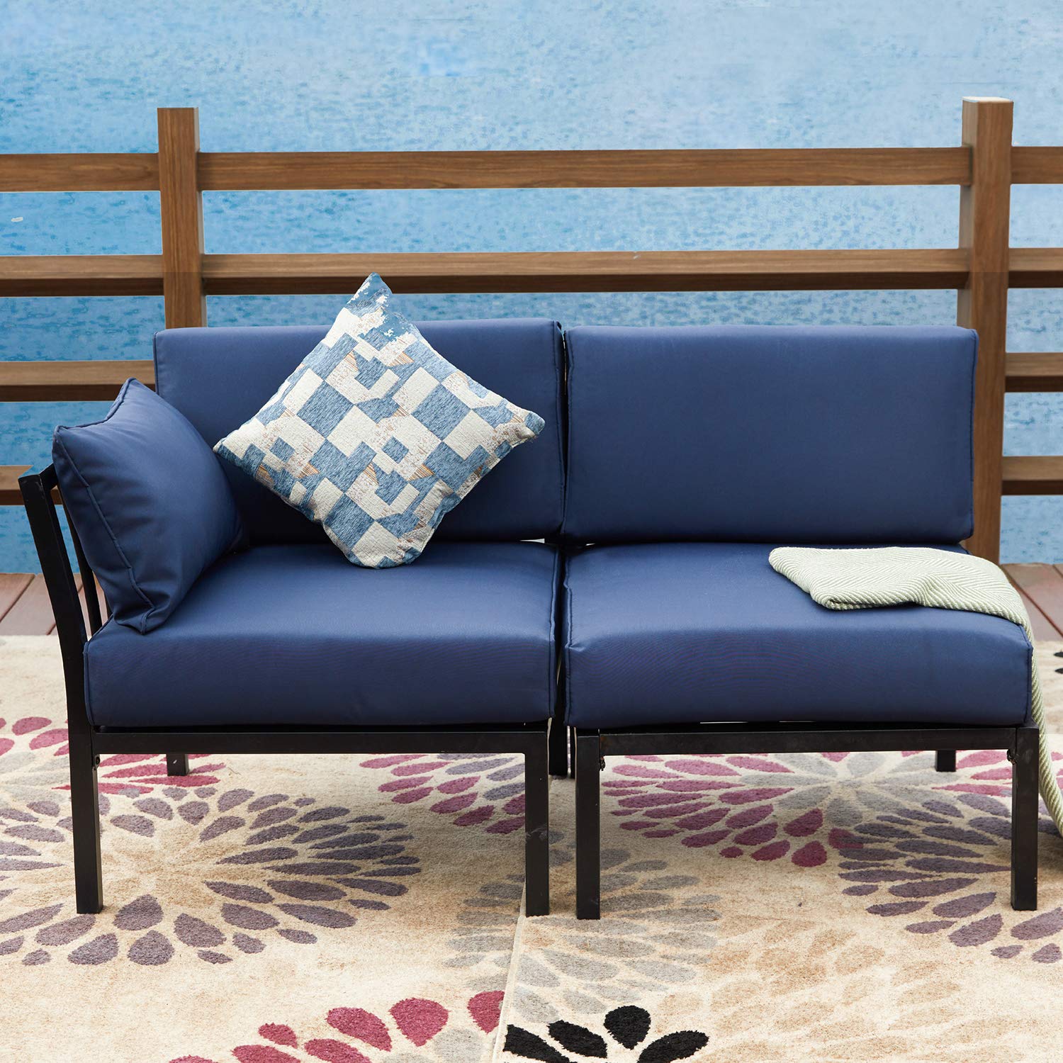 LOKATSE HOME 2-Piece Outdoor Patio Furniture Set - Blue Waterproof Wicker Conversation Chairs with Corner Sofa & Armless Loveseat | Perfect for Backyard, Poolside & Garden Relaxation