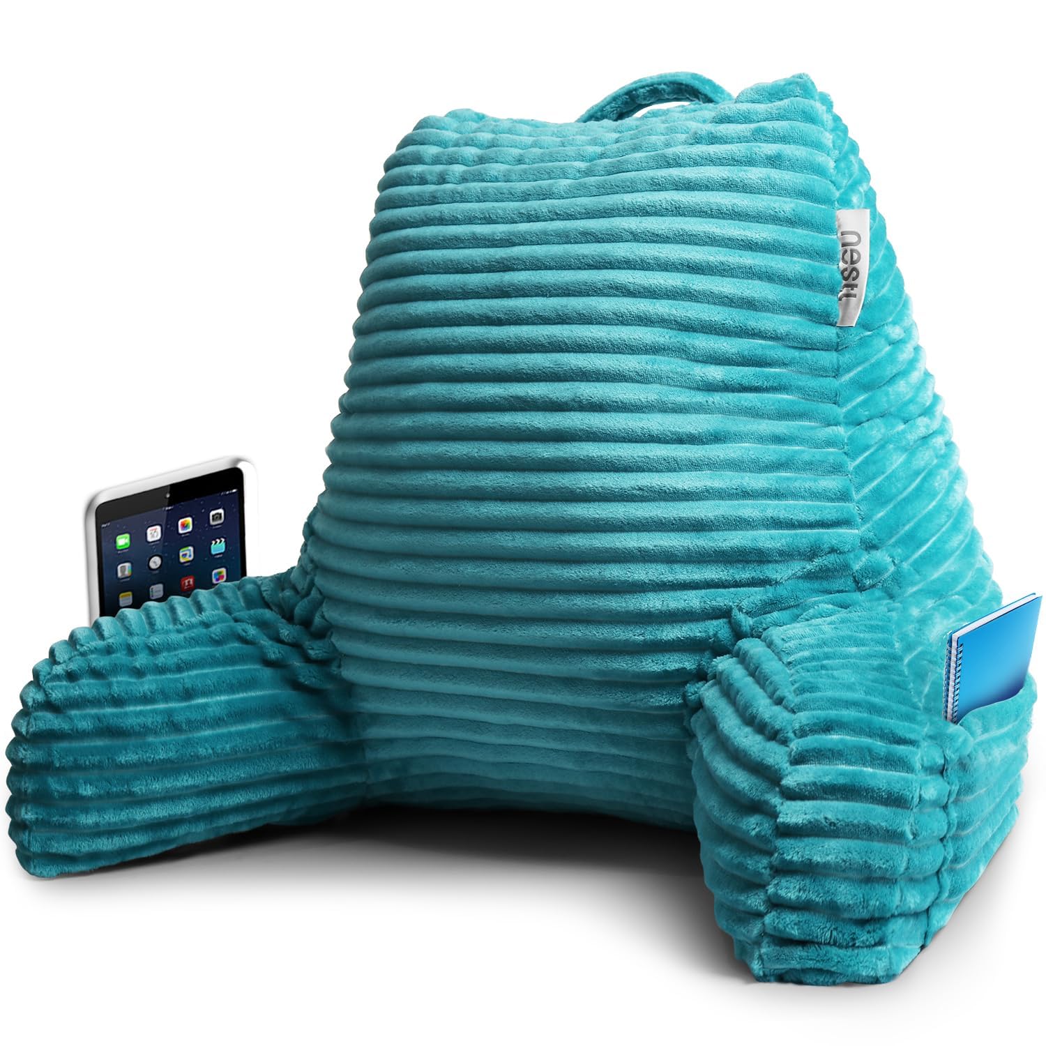 Nestl Reading Pillow for Adults - Plush Back Support Pillow with Shredded Memory Foam, Armrests & Storage Pockets - Perfect for Reading, Watching TV, or Relaxing in Bed (Teal)