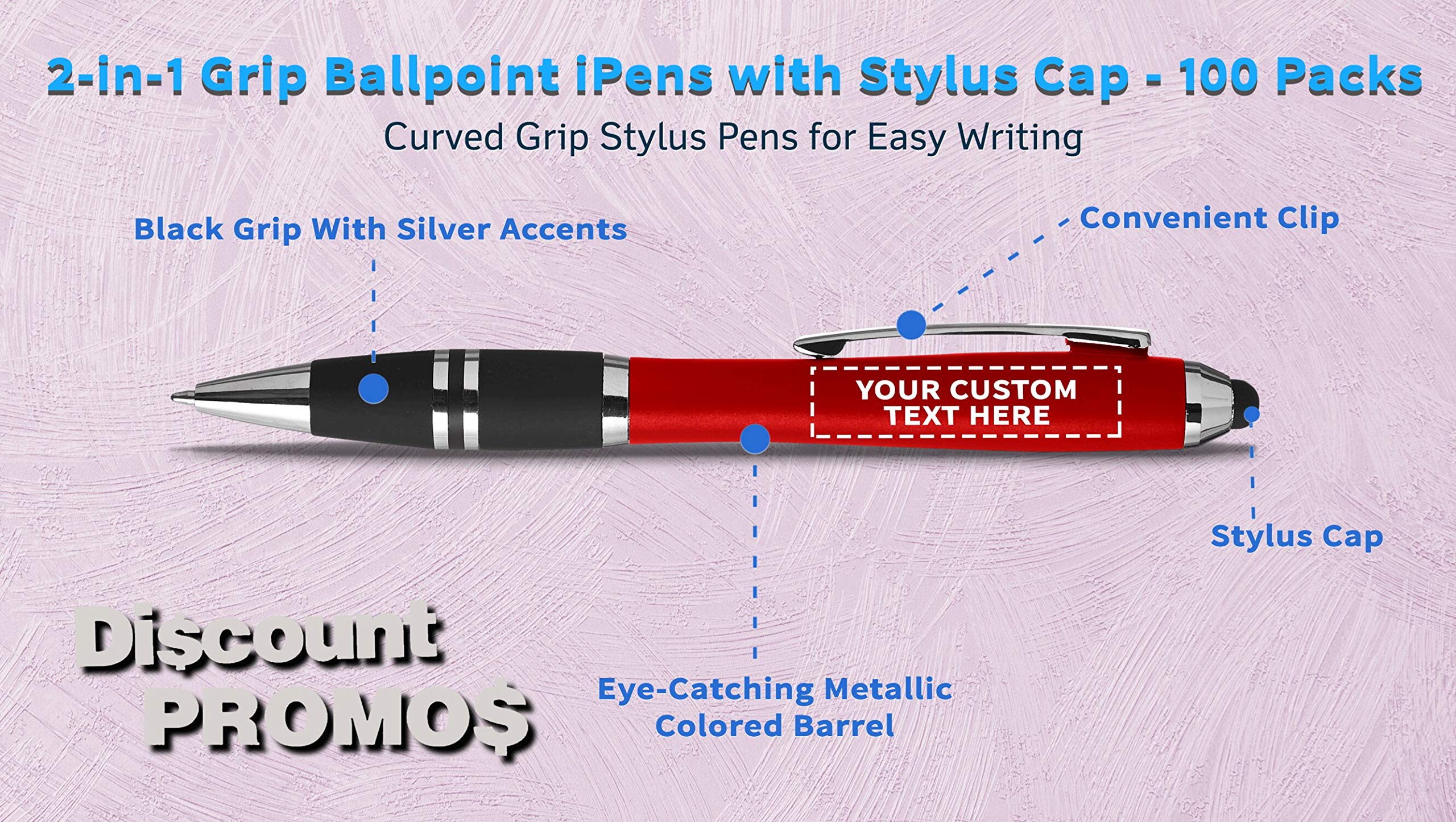 Customized Ballpoint Pens with Stylus Grip - 100 Pack Bulk Office Supplies - Personalized Text & Logo Printing - Red Plastic Pens for Business Promotions, School, and Office Use