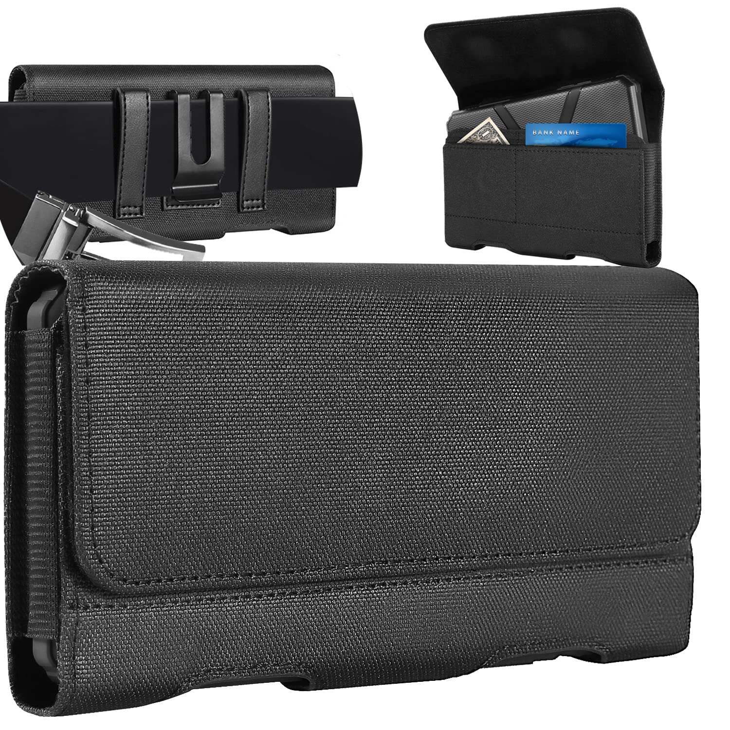 Mopaclle Nylon Phone Holster Belt Pouch for iPhone 15 Pro Max/14 Pro Max/13 Pro Max/12 Pro Max/11 Pro Max/8 Plus/7 Plus/6s Plus - Slim Fit Case Compatible, Black (Large) - Perfect for Running, Hiking, Workouts & Outdoor Activities