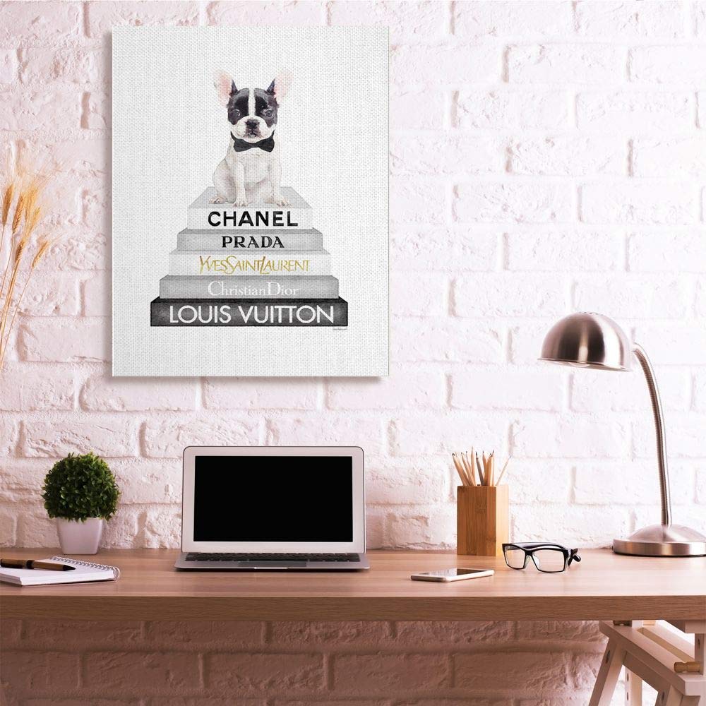 Stupell Industries French Bulldog Puppy Sitting on Glam Bookstack Wall Art - 36x48 Inches, White Canvas Painting - Perfect for Living Room, Bedroom & Office Decor