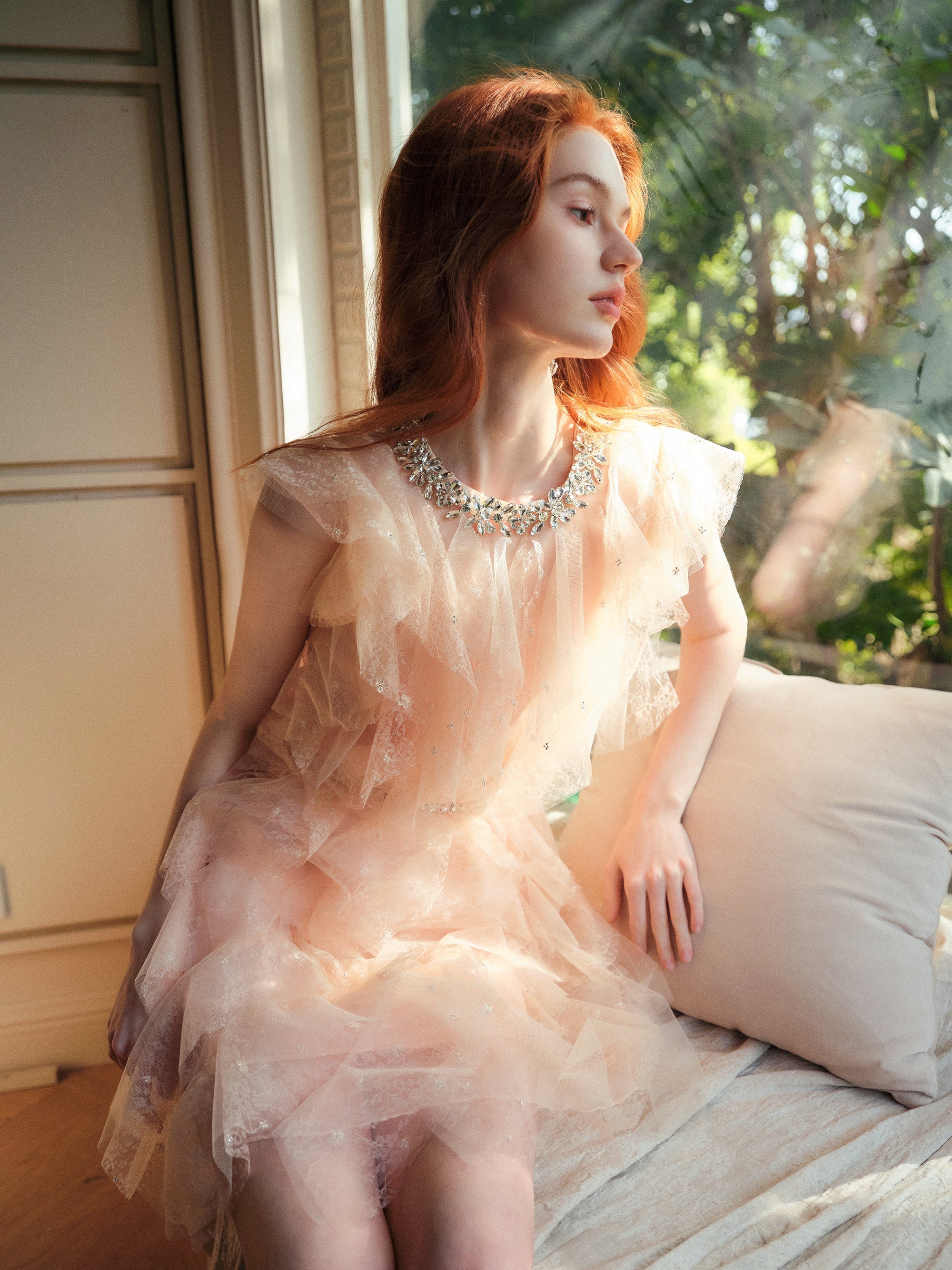 Pale Pink Crystal Embellished Ruffle Mini Dress for Women | Elegant Party, Cocktail, Wedding Guest & Special Occasion Outfit