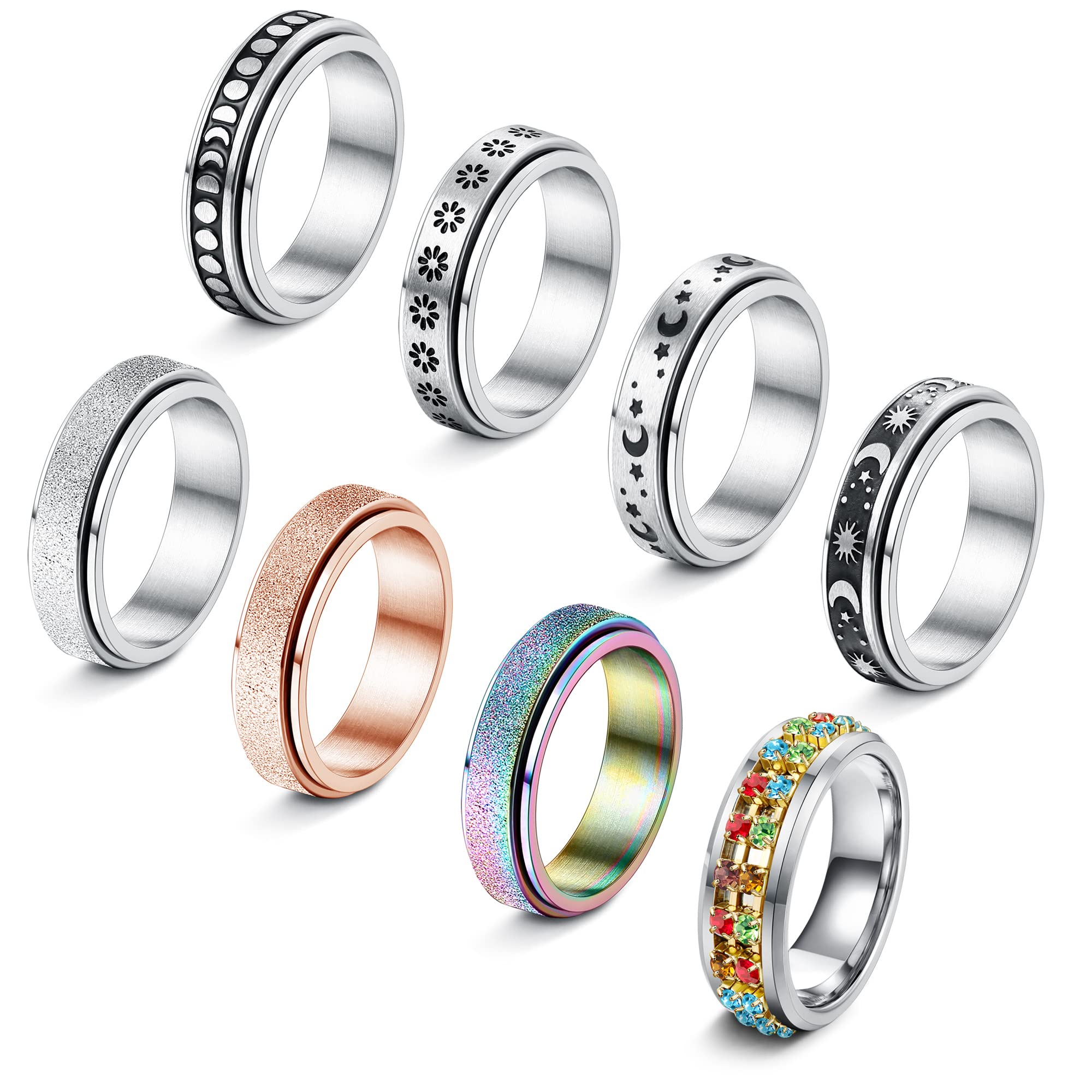 CASSIECA Stainless Steel Fidget Rings for Women & Men - Spinner Rings with Flower Moon Star Design, Anxiety Relief & Stress Relieving Jewelry, Wedding Promise Rings Set (Size 5-11) - Perfect for ADHD, Anxiety Relief, Office Stress, and Gift Giving