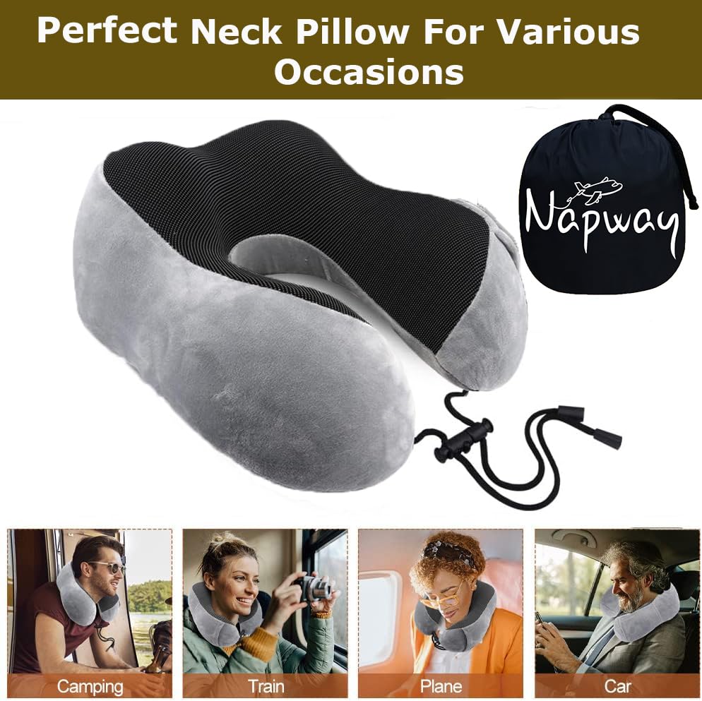 NAPWAY Memory Foam Travel Neck Pillow - 360° Neck Support for Airplane, Car & Train Rides | Washable Cover | Ergonomic Sleeping Pillow for Long Flights & Road Trips | Perfect Travel Accessory for Business & Vacation