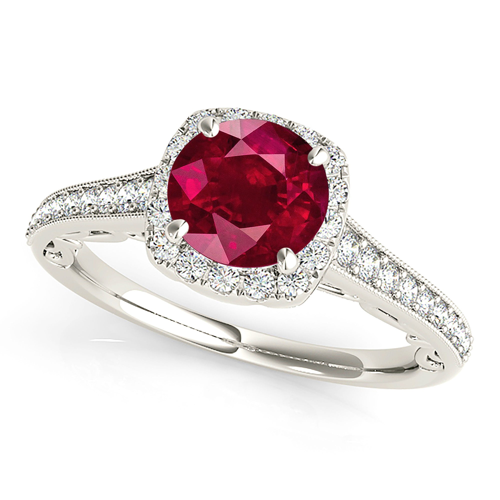 1.80 Carat Genuine Ruby Ring with Cushion Halo & Milgrain Diamond Band - Elegant Engagement, Anniversary, or Gift Jewelry for Women
