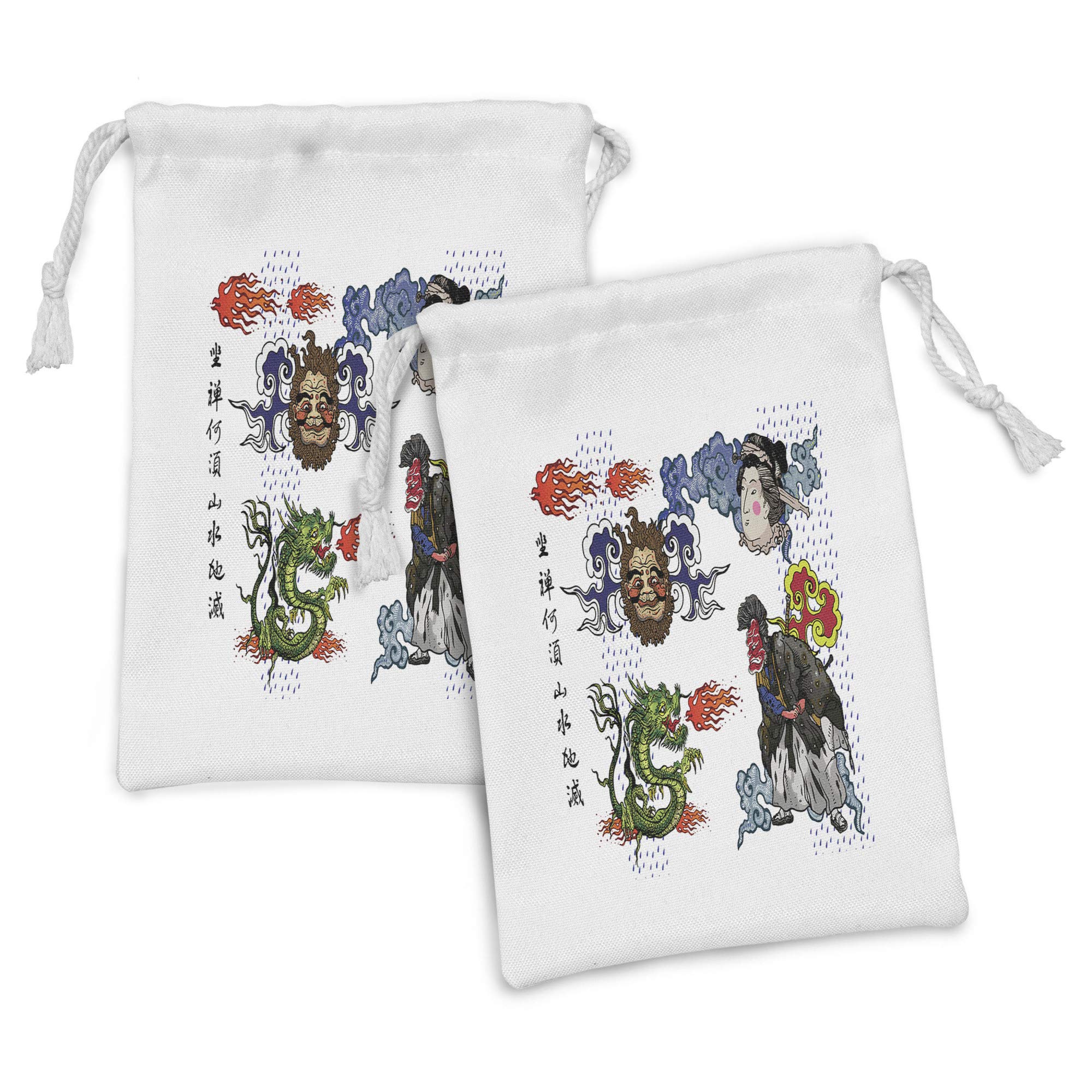 Ambesonne Dragon Fabric Pouch Set of 2 - Japanese Manga Style Drawstring Bags with Kimono & Geisha Tribal Designs (9