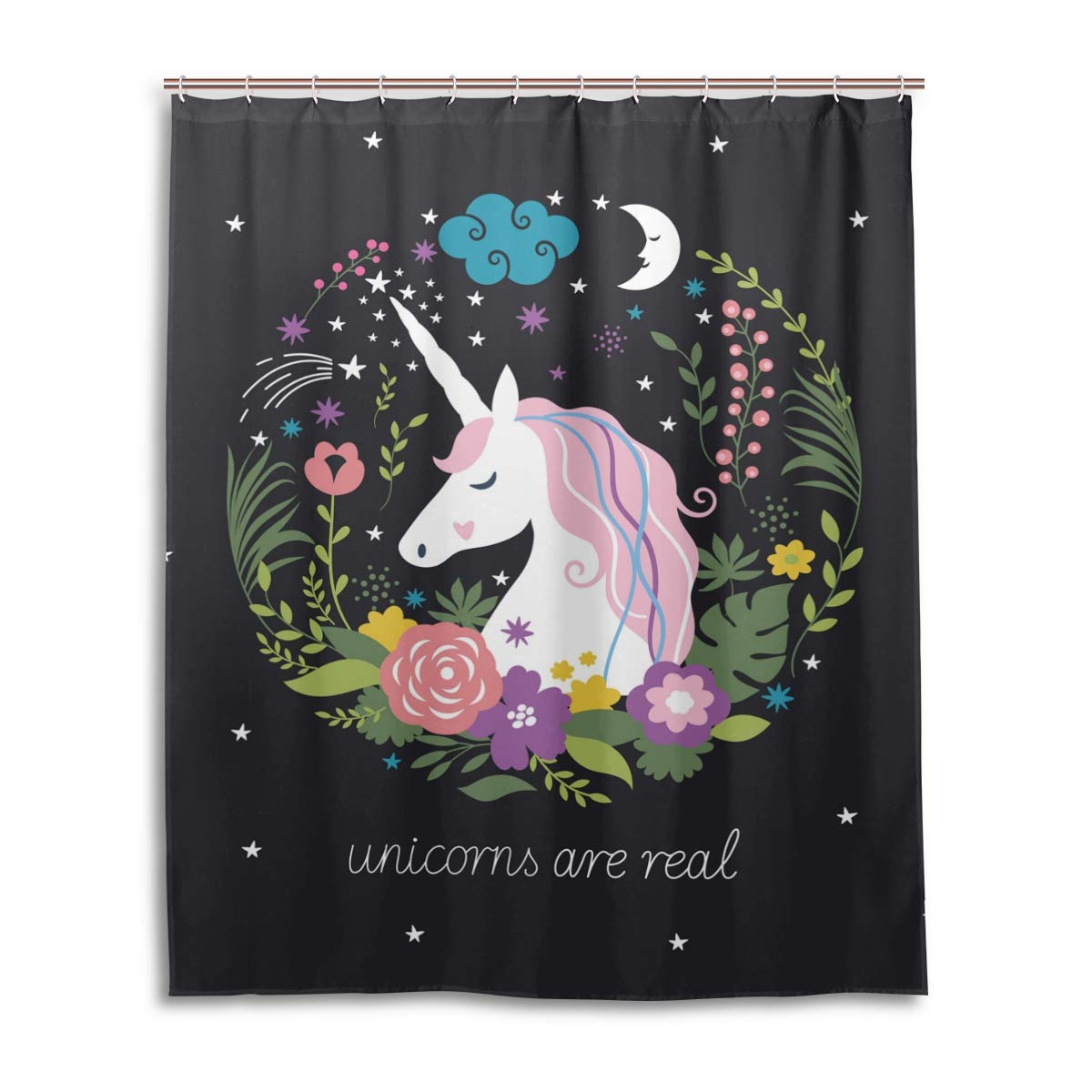 ALAZA Unicorn Flower Shower Curtain 60x72 Inch - Waterproof Polyester Bathroom Decor with Hooks - Perfect for Kids' Bathroom, Nursery, or Fantasy Themed Home Decor
