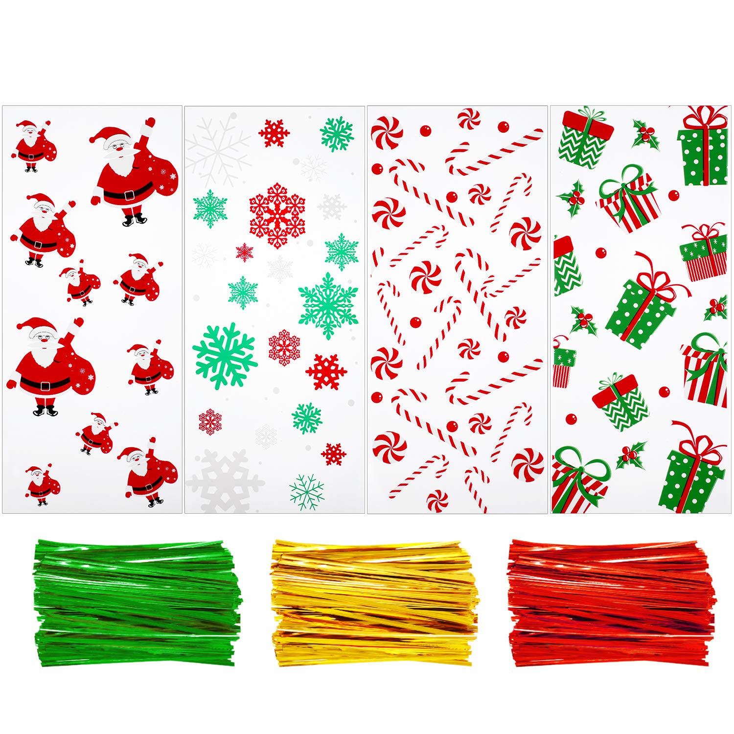 100 Pcs Christmas Cellophane Gift Bags with Ribbon - Holiday Treat Bags for Cookies, Candy & Party Favors - Xmas Winter Party Supplies for Christmas Gifts, Cookie Exchange & Holiday Celebrations