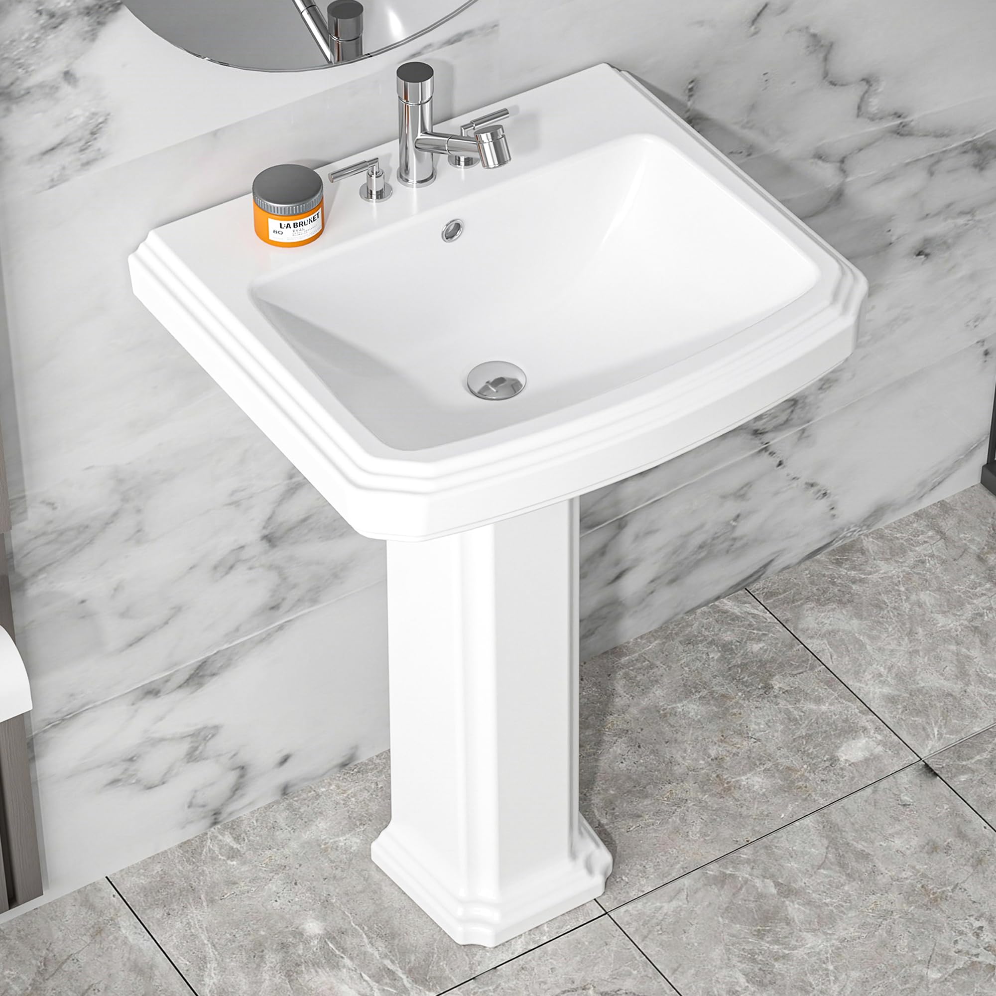 White Porcelain Pedestal Sink 23x19 Inch with 3 Faucet Holes & Overflow - Rectangular Bathroom Sink Combo for Vanity, Powder Room & Laundry Areas