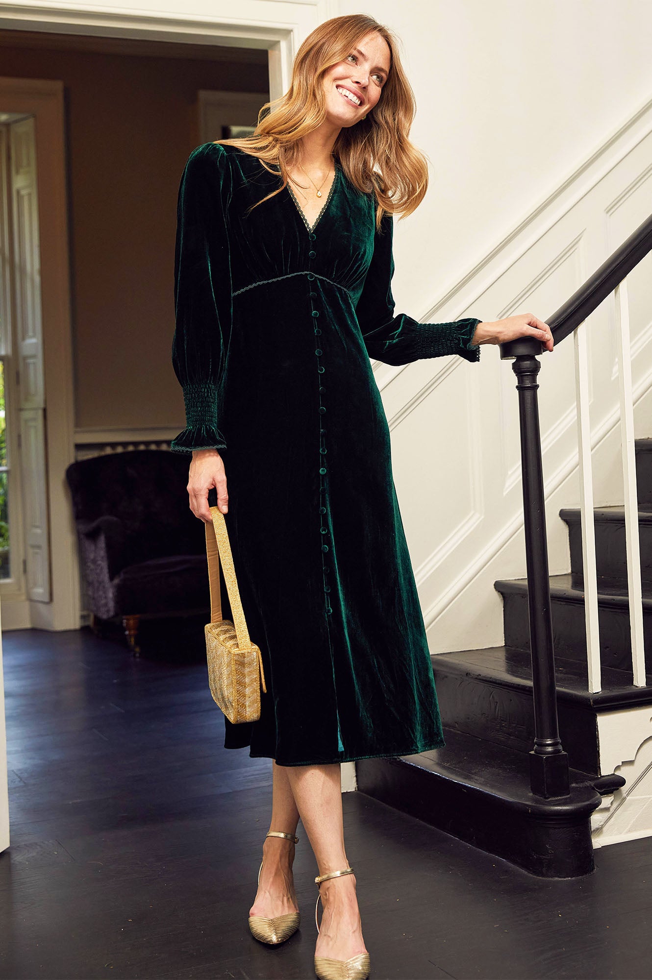 Elegant Long Sleeve Velvet Sally Anne Dress for Women - Emerald Green Evening Gown for Parties, Weddings & Special Occasions