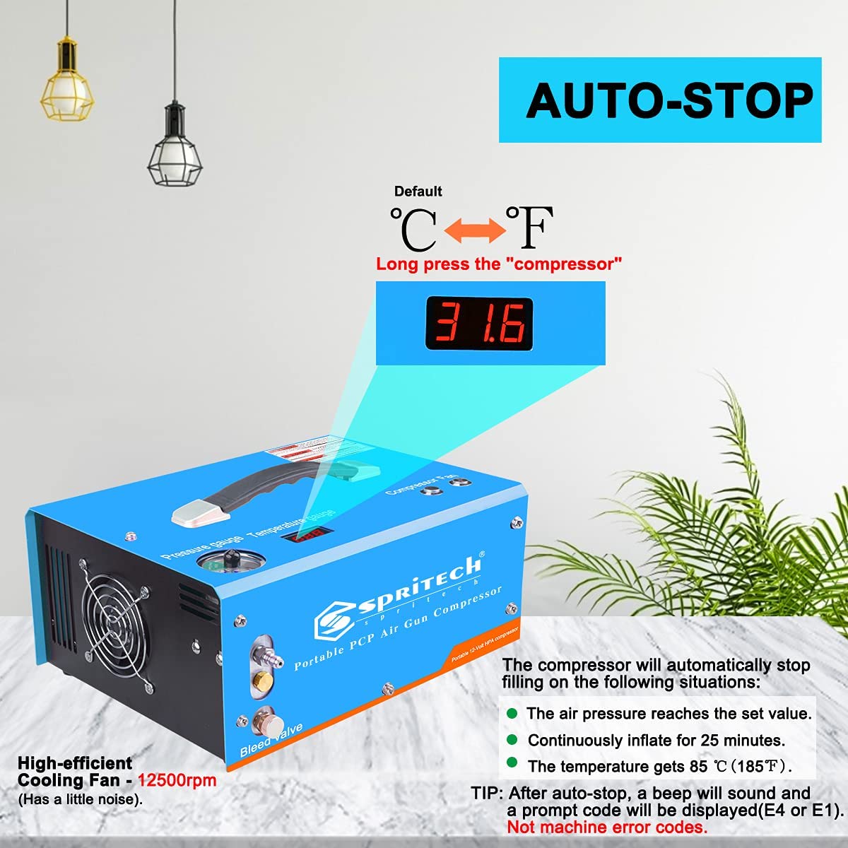 High-Pressure PCP Air Compressor 4500PSI/30MPA - Oil-Free & Water-Free with Auto-Shutoff, Built-in Power Adapter (110V AC/12V DC) - Perfect for Paintball, Airsoft & Air Gun Refilling - Includes Water/Oil Separator for Clean Air Supply