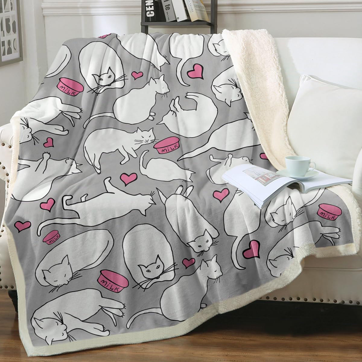 Sleepwish White & Gray Sherpa Fleece Throw Blanket - Super Soft Cat Print Blanket for Kids & Baby (30x40 Inches) - Cozy for Bed, Couch, Chair, Nursery & Travel