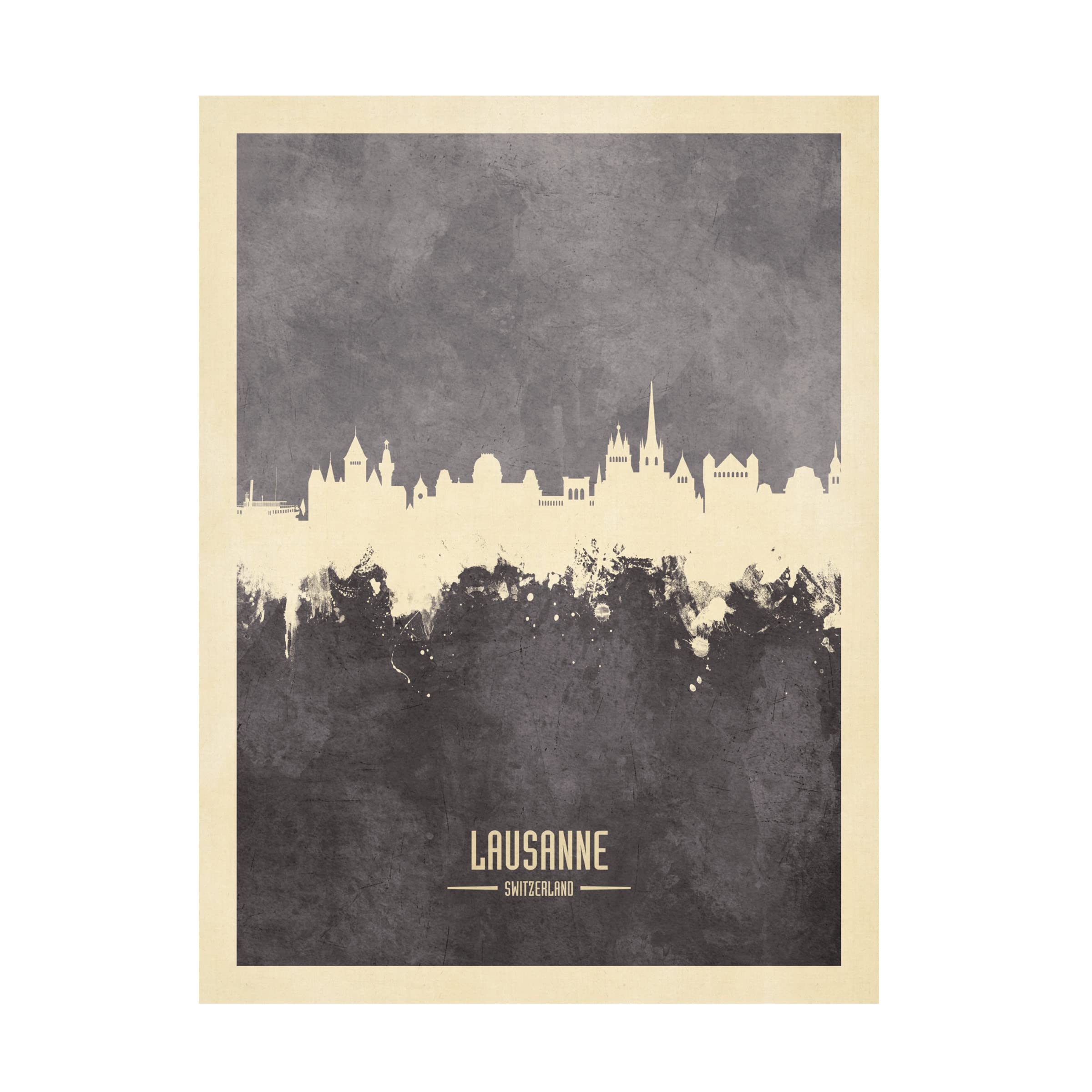 Michael Tompsett 'Lausanne Switzerland Skyline Gray' Canvas Wall Art Print - Modern Cityscape Painting for Living Room, Office & Home Decor