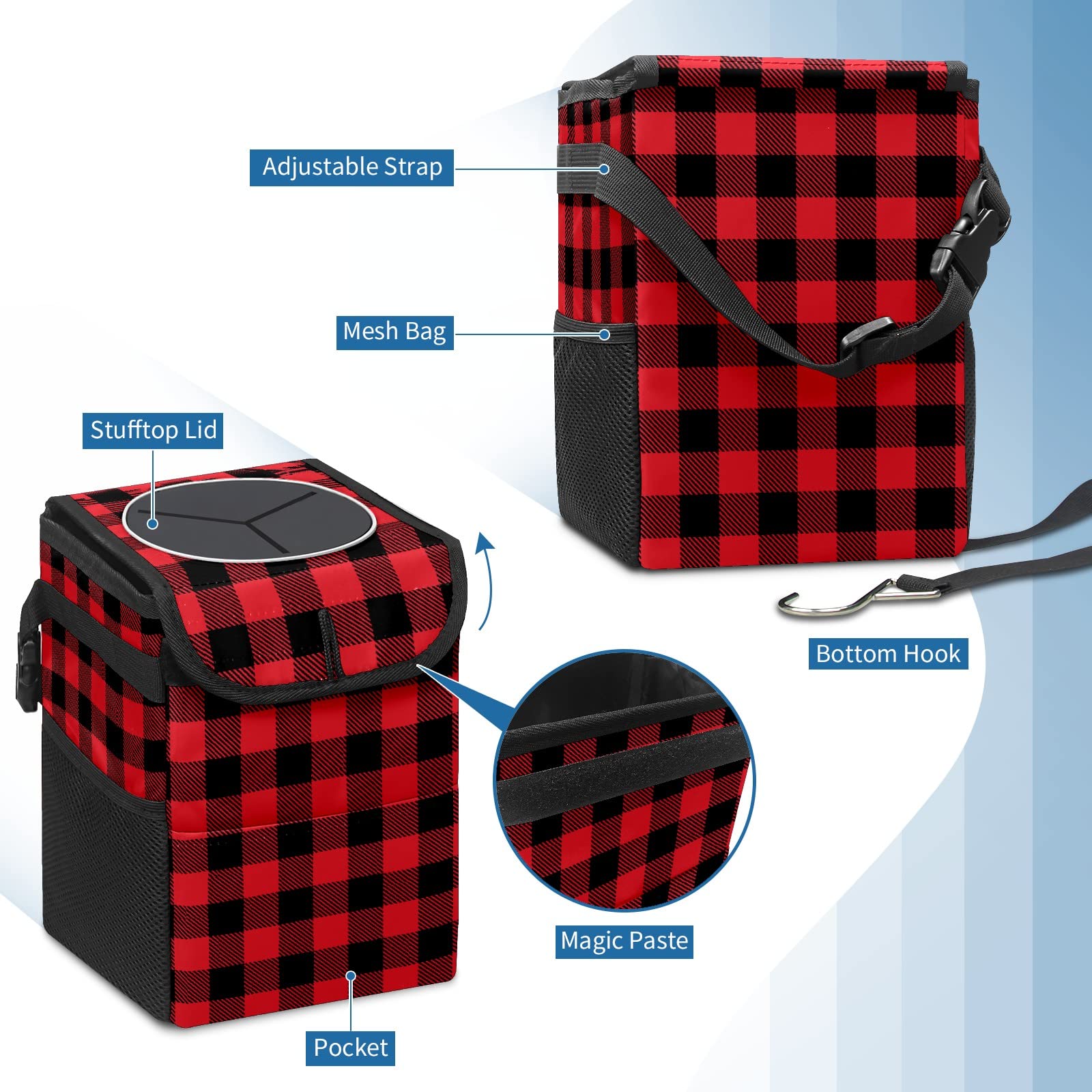 Red and Black Buffalo Plaid Collapsible Car Trash Can with Lid - Waterproof Reusable Automotive Garbage Bag for Car, Truck & SUV Interior Organization | Perfect for Road Trips, Commuting & Keeping Your Vehicle Clean
