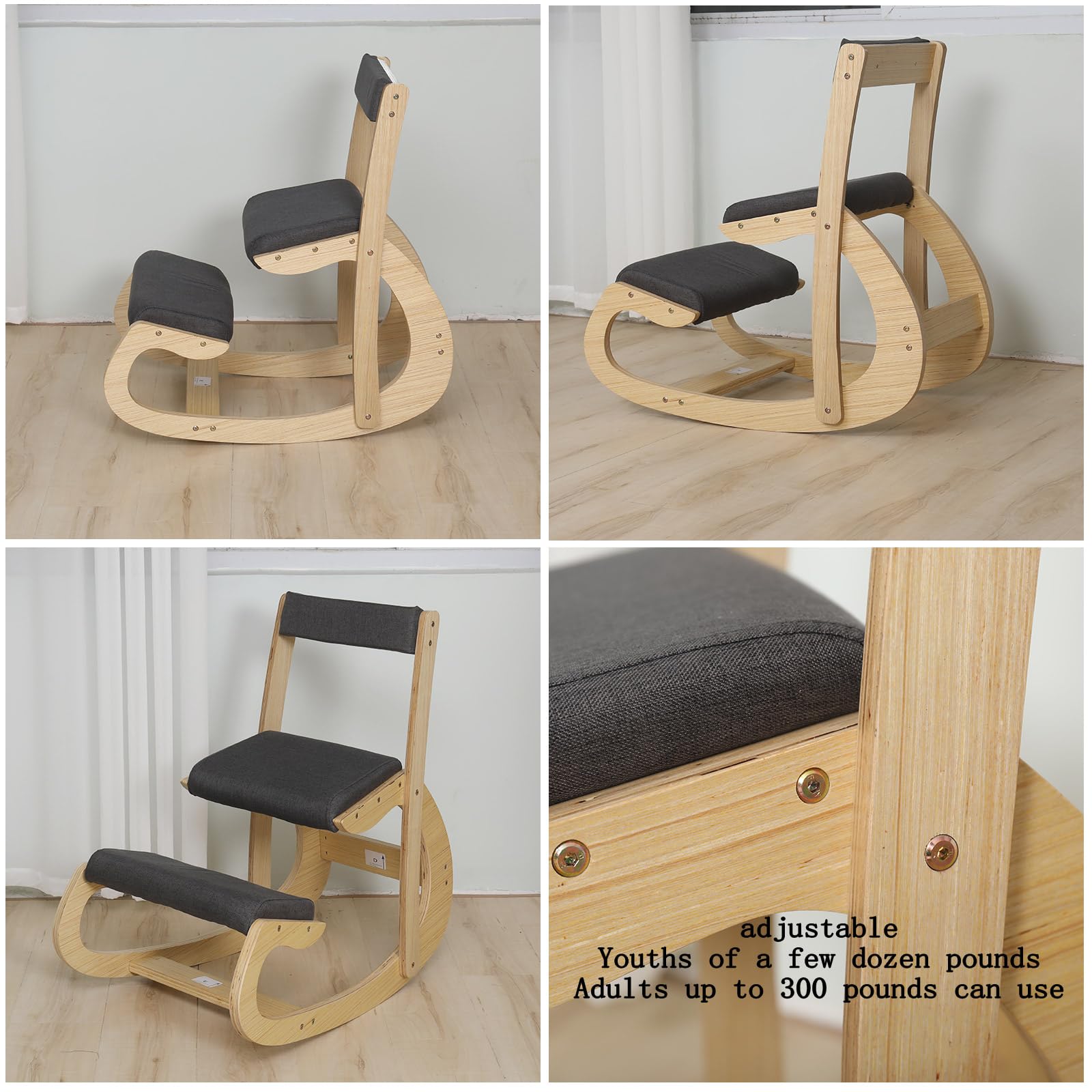 Ergonomic Kneeling Chair - Adjustable Rocking Office Chair with Back Support for Home & Desk, Wooden Kneeling Stool for Better Posture | Perfect for Home Office, Meditation & Back Pain Relief