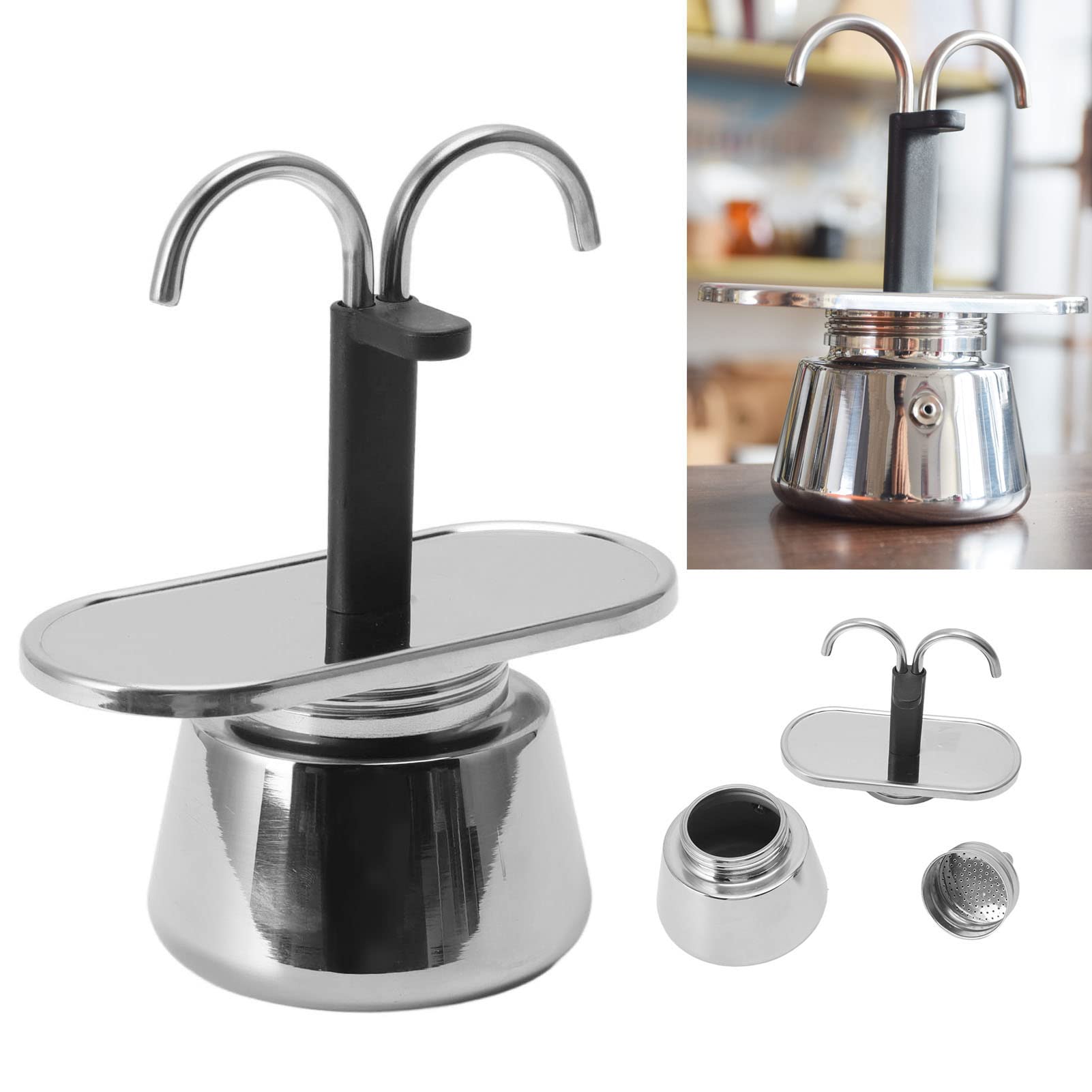 2 Cup Stovetop Espresso Maker - 100ML Stainless Steel Double Spout Moka Pot for Perfect Italian Coffee | Ideal for Home, Office & Camping Brewing (Cups Not Included)