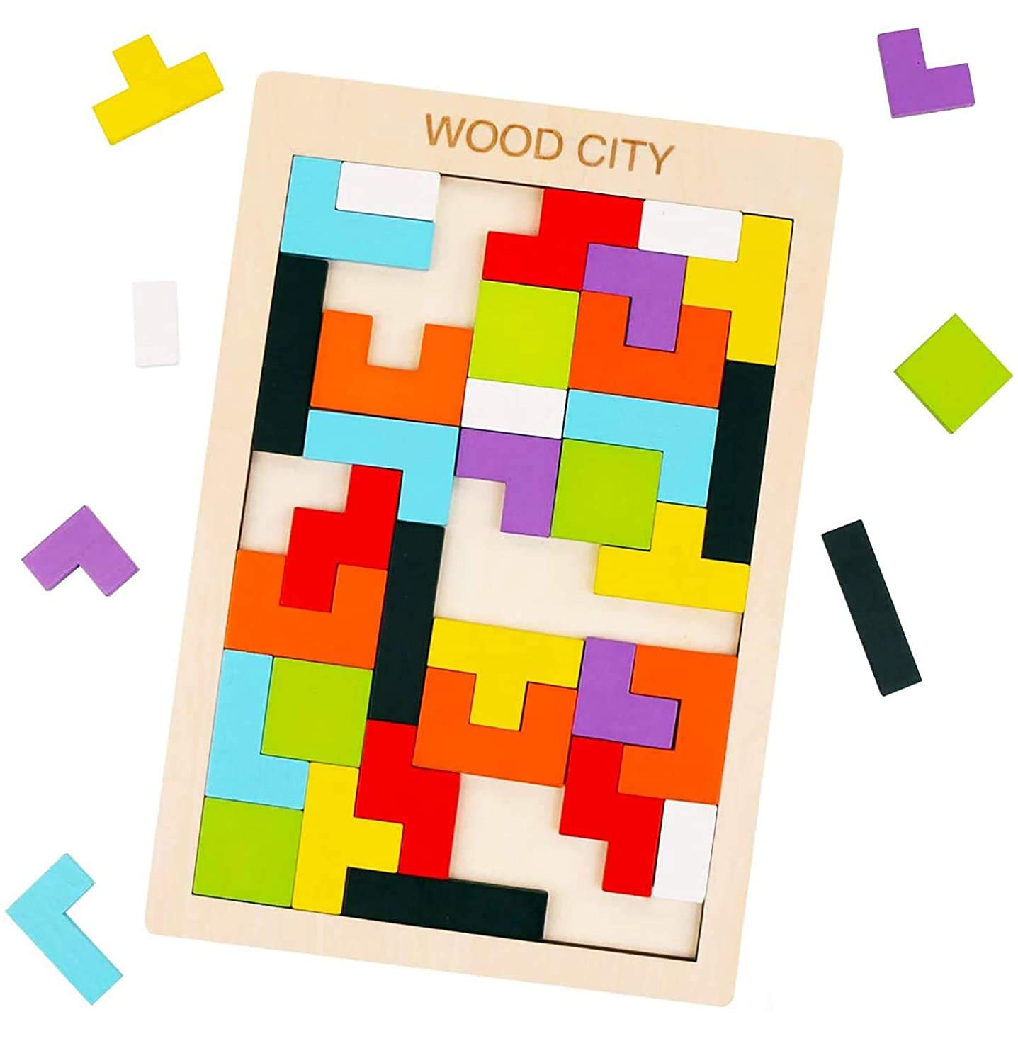 Vibgyor Vibes™ Wooden Tetris Puzzle - Classic Block Jigsaw Game for Kids & Adults - Brain Teaser & Stress Relief Toy for Home, Office & Travel
