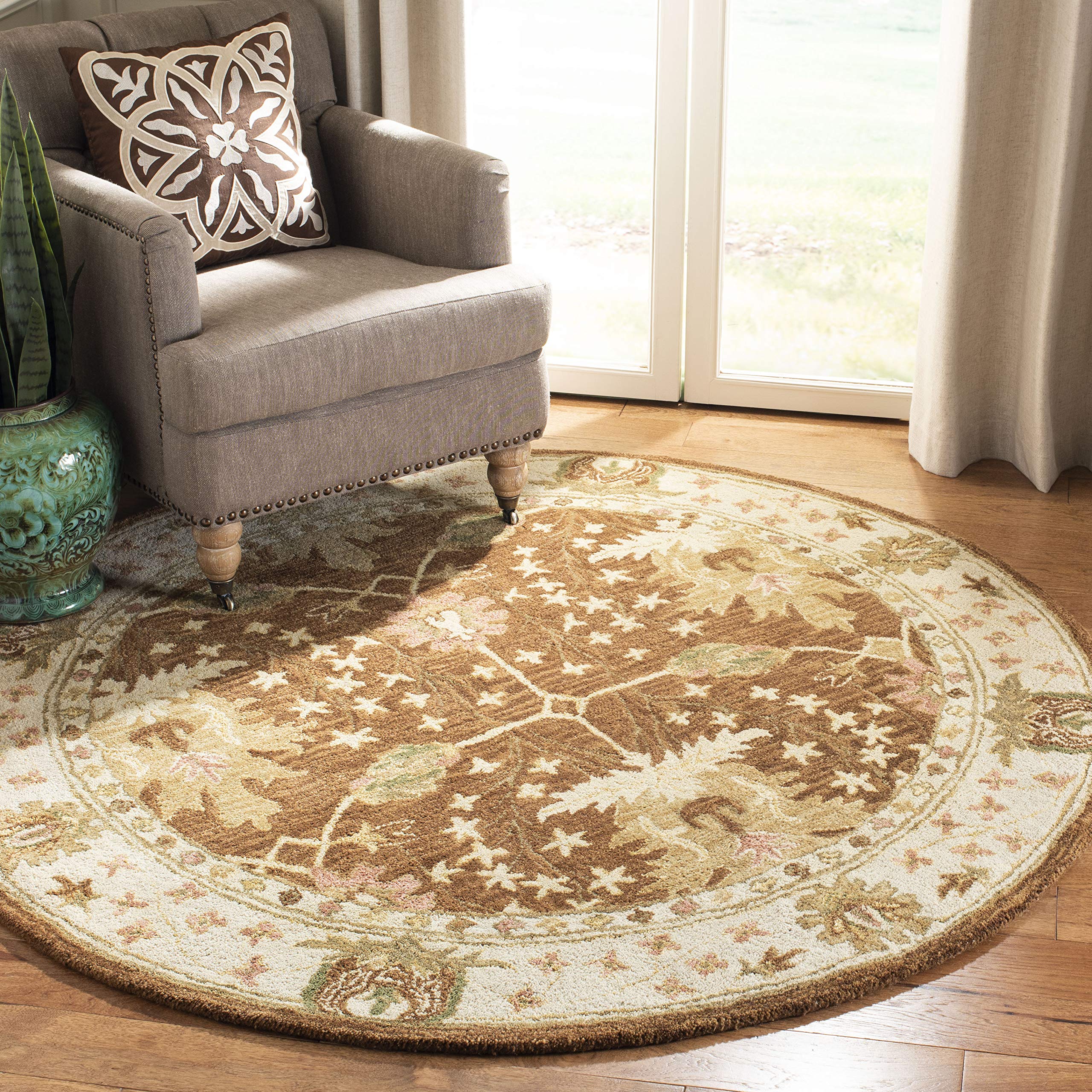 SAFAVIEH Anatolia Collection 8' Round Brown/Beige Handmade Wool Area Rug - Traditional Oriental Design for Living Room, Bedroom & Dining Room Decor