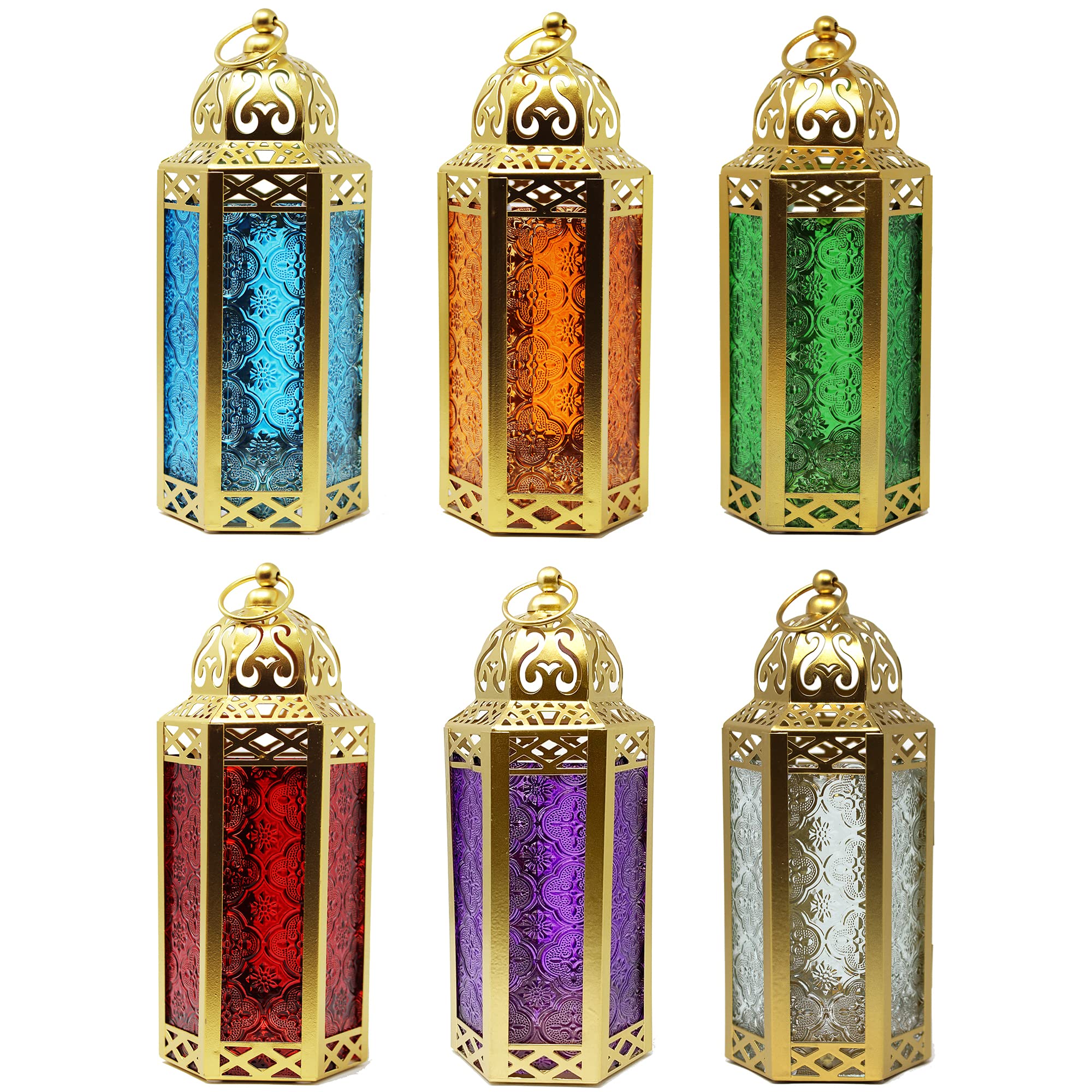 VELA Moroccan Gold Candle Lanterns 6-Pack - Decorative Candle Holders for Ramadan, Weddings & Home Decor - Indoor/Outdoor Table or Hanging Lanterns in Assorted Colors - Perfect for Patio, Dining Table & Special Events