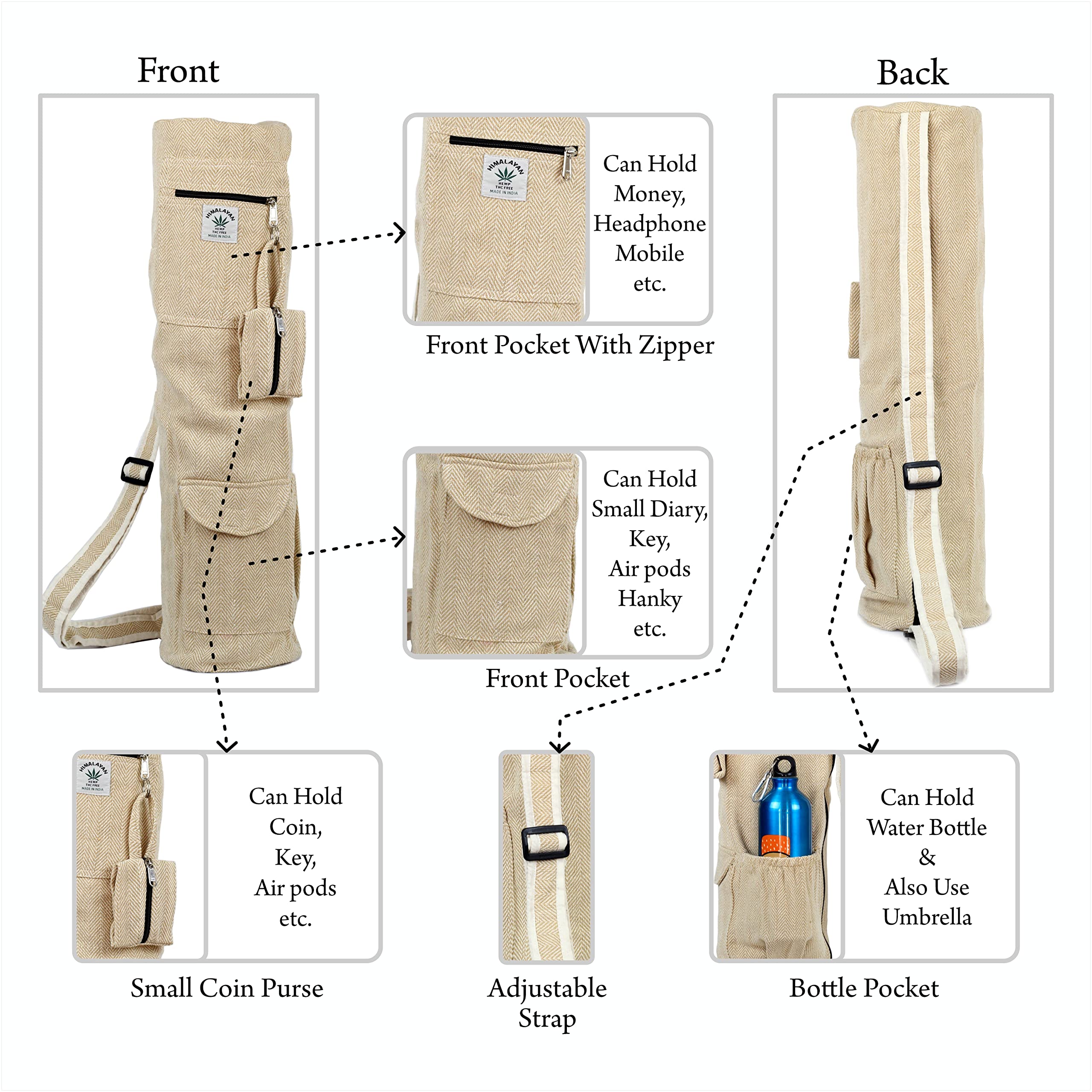 Eco-Friendly Hemp Yoga Mat Bag with Full-Zip Closure - Fits Up to 26 Inch Mats - Perfect for Yoga, Pilates & Gym Workouts - Sustainable Yoga Mat Carrier for Active Lifestyles