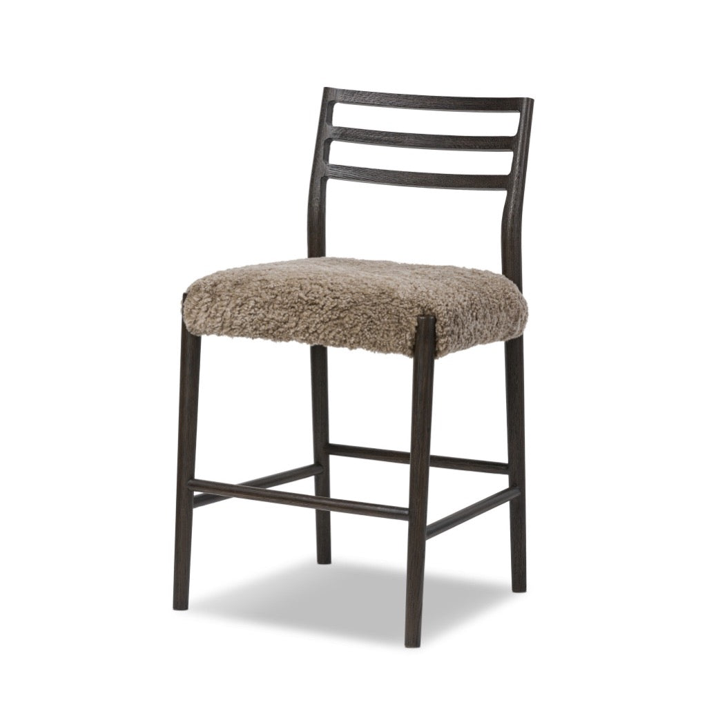 Glenmore Stool with Taupe Shearling Upholstery - Modern Accent Stool for Living Room, Bedroom, or Entryway Decor