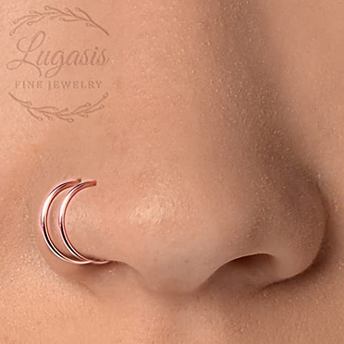 Dainty 14k Rose Gold & Black Double Hoop Nose Ring - 7mm Thin Spiral Rose Design - 20 Gauge Tiny Nose Piercing Jewelry for Everyday Wear & Special Occasions