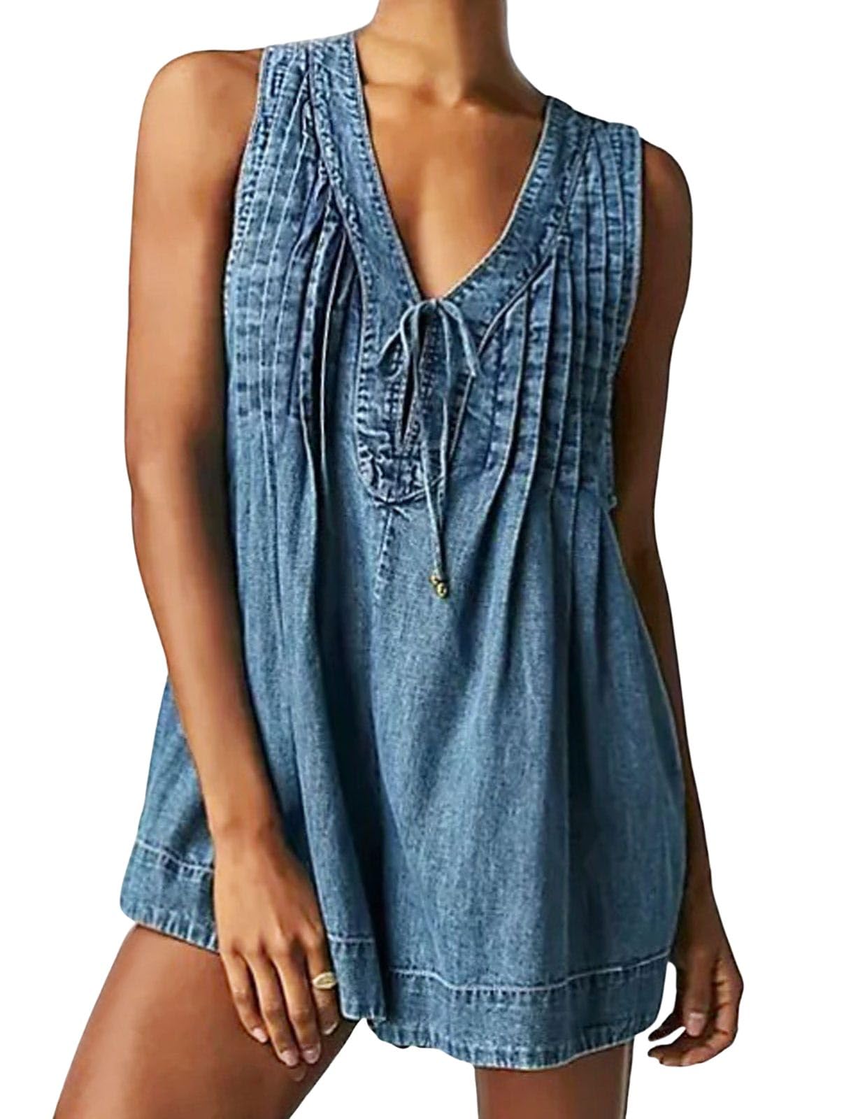 CHARTOU Women's Summer Denim Overalls Shorts Romper - Sleeveless Jean Jumpsuit with Pockets & Flowy Ruffle Design | Casual Outfit for Beach, Picnic & Summer Vacation