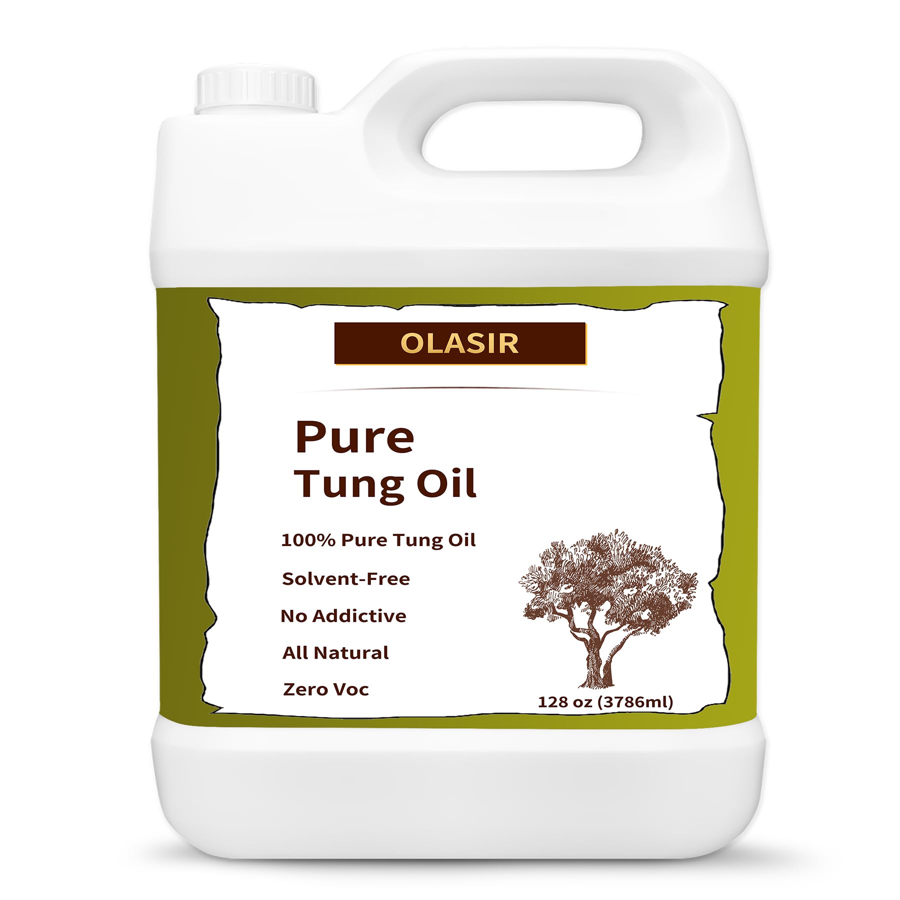 OLASIR 1 Gallon (128 oz) Pure Tung Oil - Natural Food Grade Wood Finish for Floors, Furniture | Waterproof, Non-Toxic | Ideal for Indoor & Outdoor Wood Projects, DIY Woodworking, and Wood Restoration