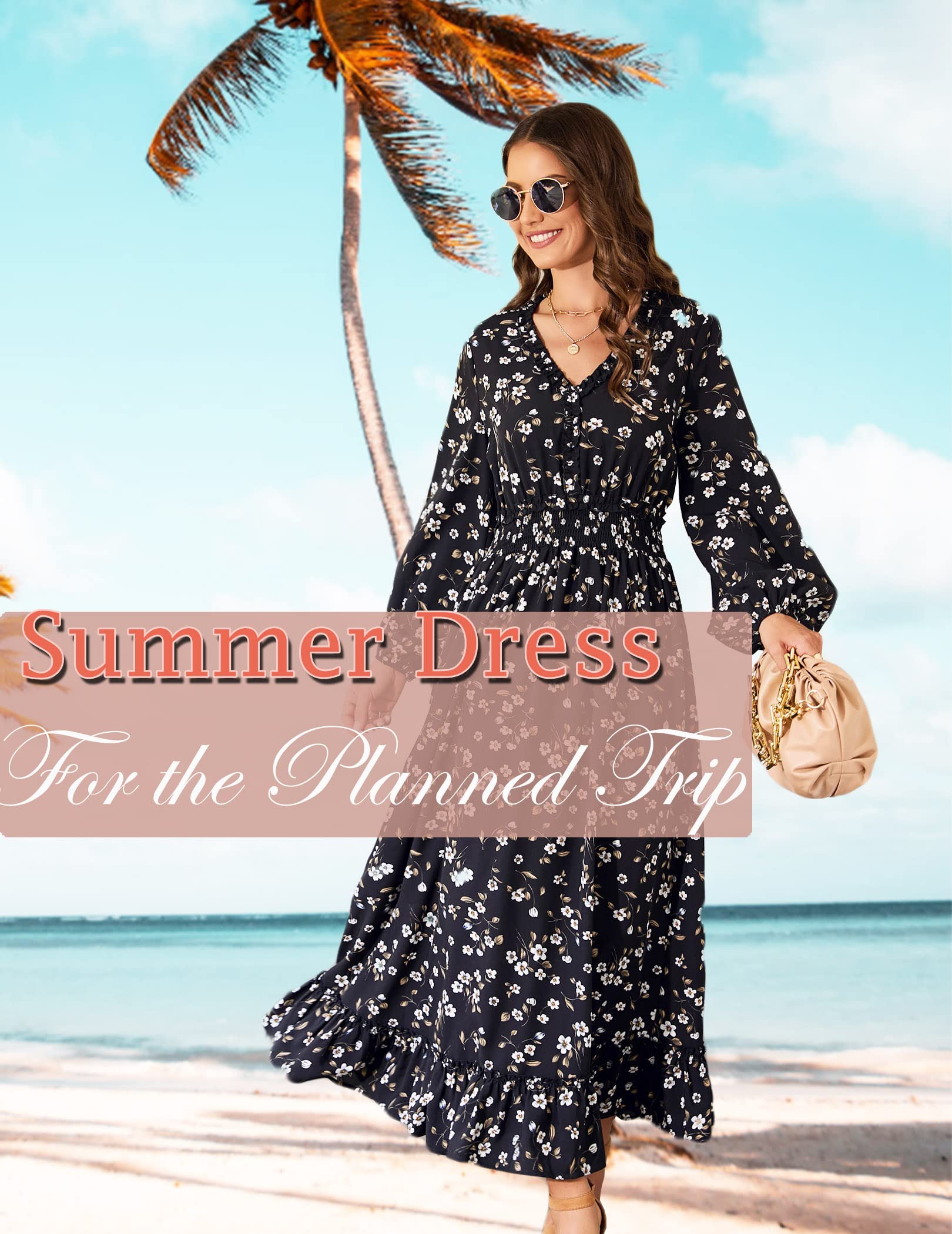 MISSKY Women's Casual V-Neck Boho Floral Print Maxi Dress - Bohemian Flowy Wedding Guest Dress for Summer Beach, Party & Vacation