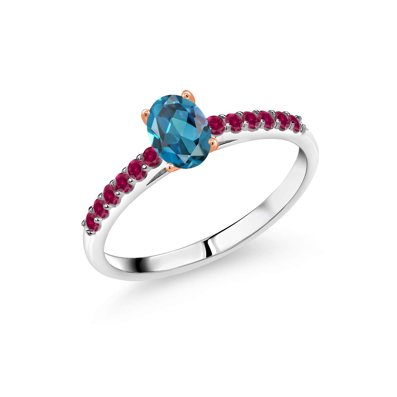 925 Sterling Silver & 10K Rose Gold Prong Ring with 0.78Ct London Blue Topaz & Created Ruby Gemstones | Elegant Jewelry for Women | Perfect for Weddings, Anniversaries & Special Occasions