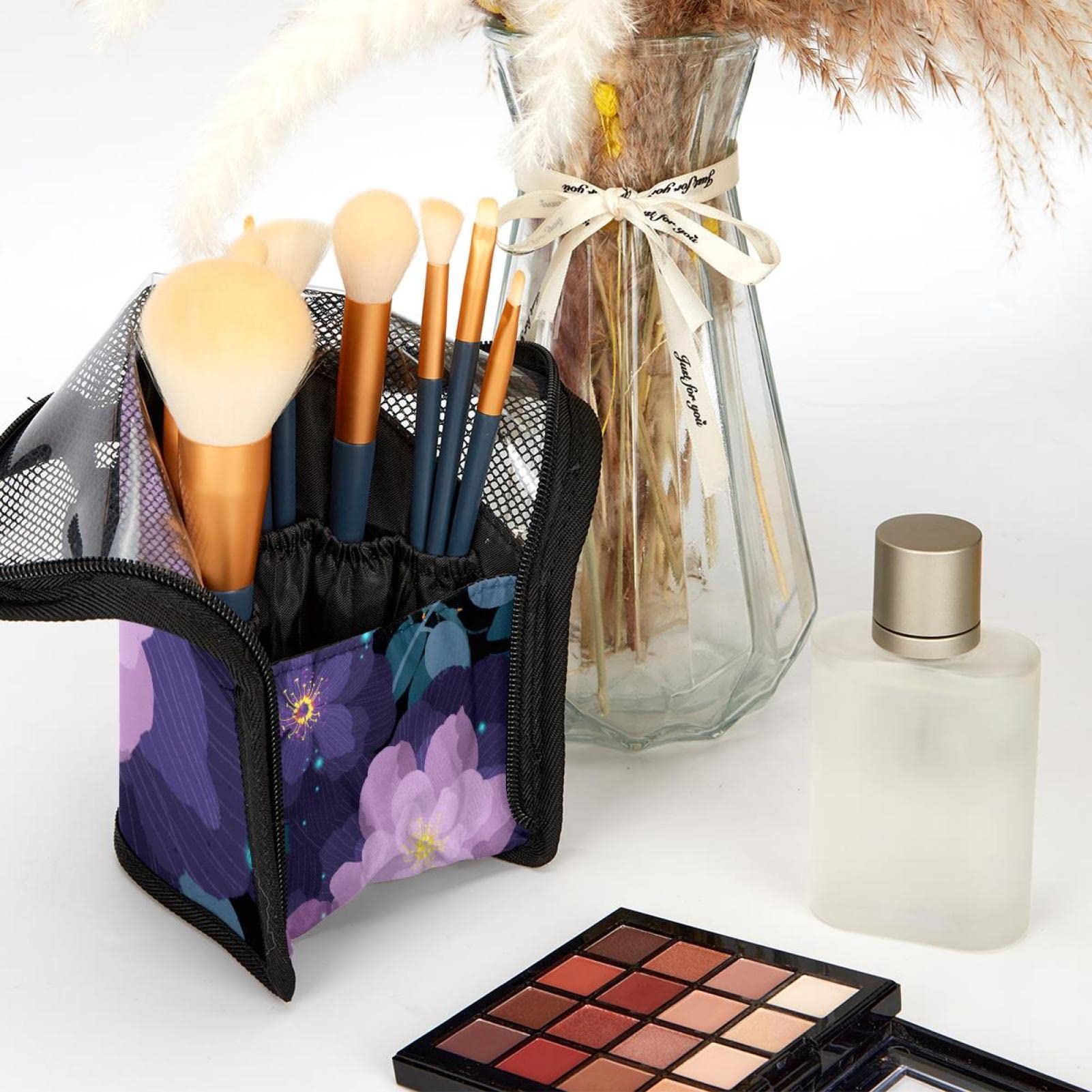 12-Piece Makeup Brush Organizer Bag - Portable Flower Design Brush Holder Case for Travel & Home Storage | Purple Blossom Cosmetic Brush Set