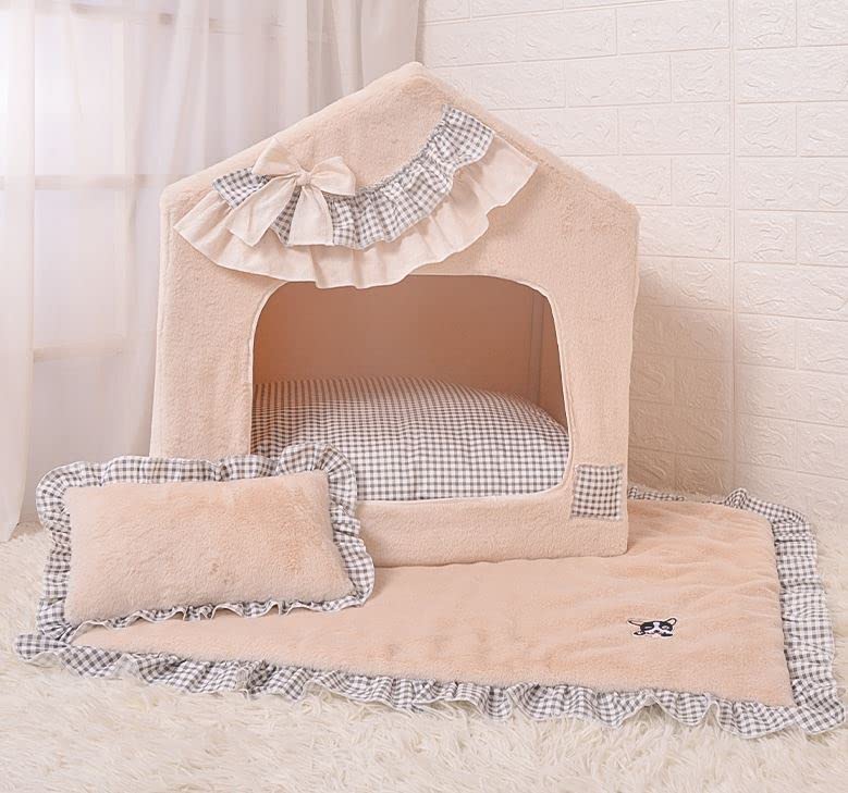 Handmade Princess Pet Bed for Small Dogs & Cats - Cozy Washable Sofa Cushion with Removable Cover, Warm Frame Tent House (Beige Grid, Medium) - Perfect for Indoor Lounging & Nap Time