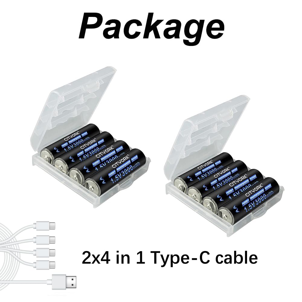 CITYORK 8 Pack USB AA 3000mWh Rechargeable Lithium Batteries with 4 Bay Fast Charger - 1.5V Li-ion Battery Set Includes 4-in-1 Type-C Cable - Perfect for Cameras, Game Controllers, Flashlights & Wireless Devices