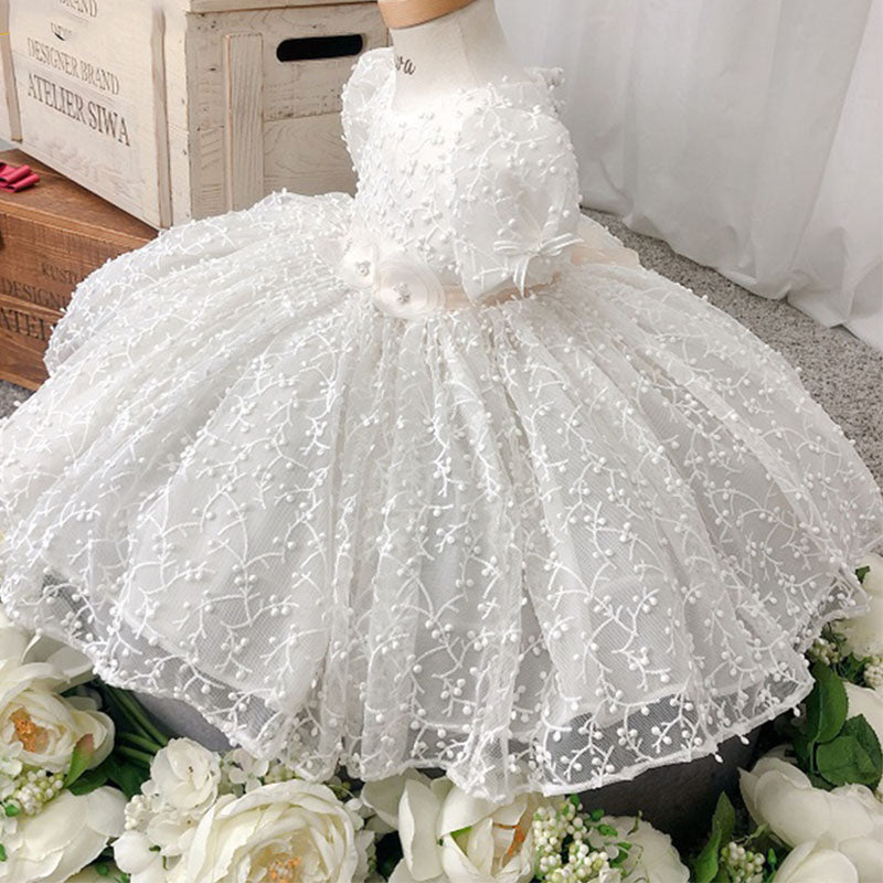 White Lace Princess Flower Girl Dress with Short Puff Sleeves - Tea Length Formal Dress for Weddings, Baptisms & Special Occasions