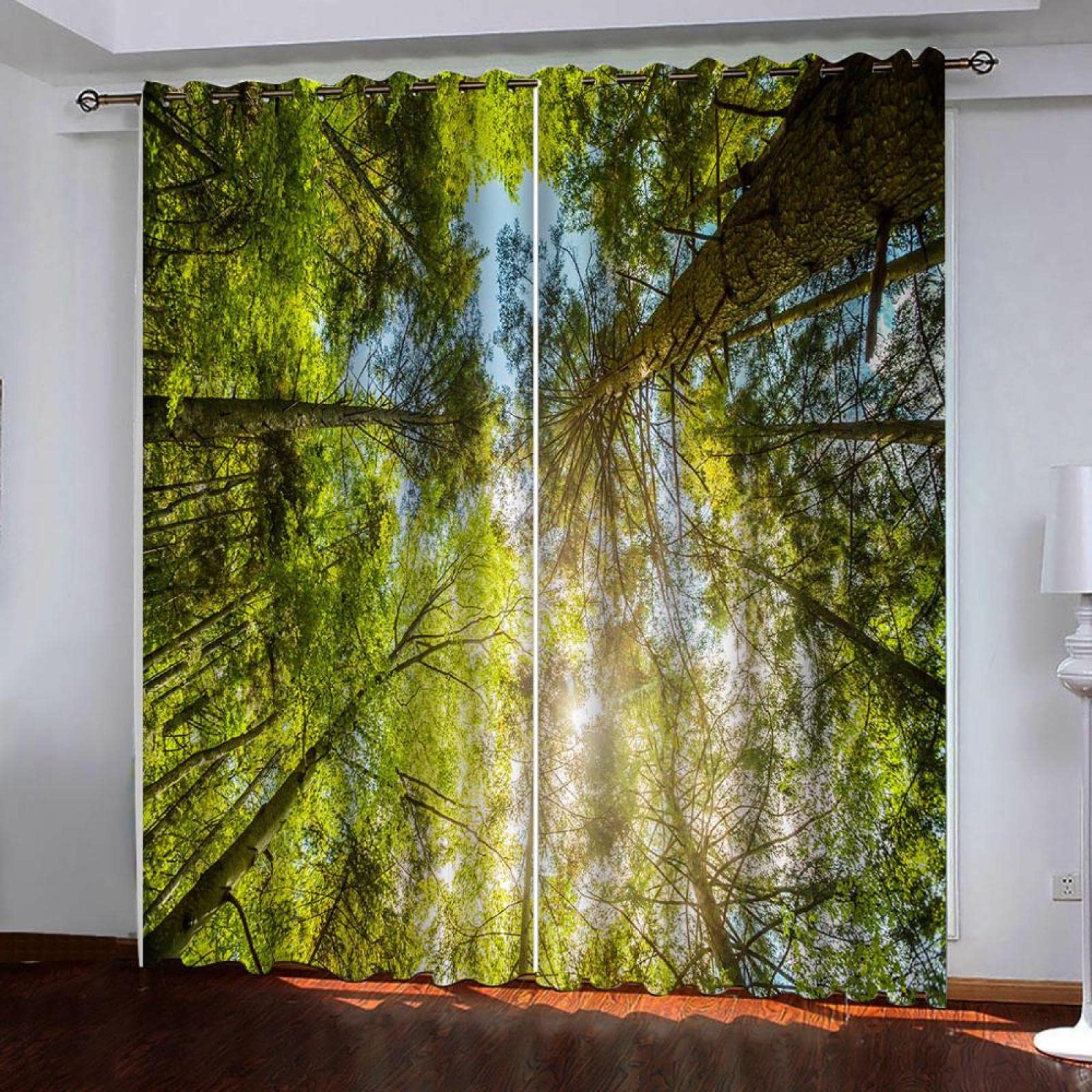 Forest Sunshine Scenery Blackout Curtains - Green Plant Thermal Insulated 3D Printed Drapes with Noise Reduction, 2 Panels Set (79