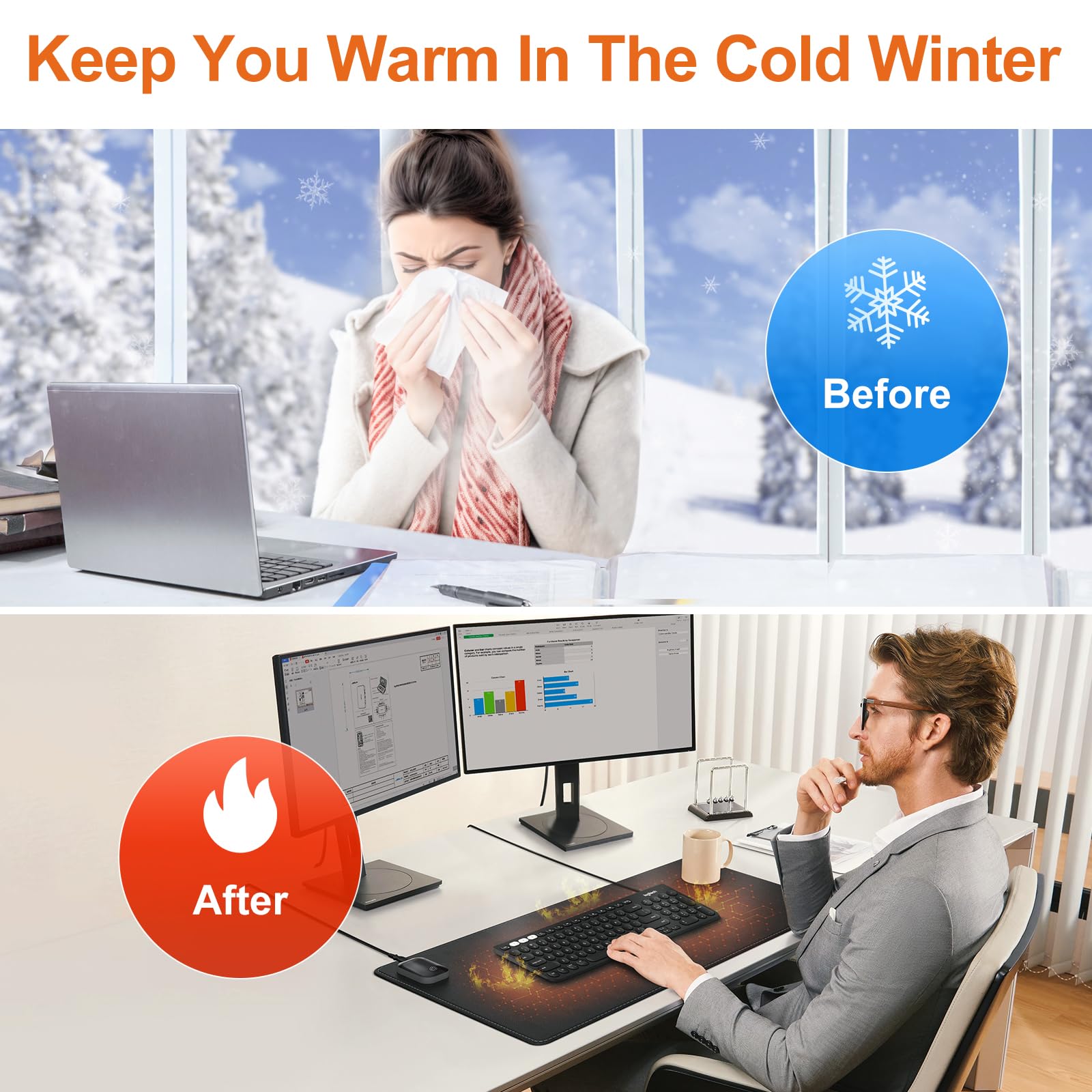 Premium Heated Mouse Pad & Desk Warmer - 3 Adjustable Heat Levels, Large 31.5