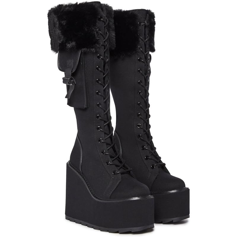 Black Knee High Wedge Boots for Women - Wide Calf Round Toe Lace Up Combat Boots | Gothic Punk Motorcycle Platform Boots | Perfect for Goth Fashion, Night Out & Motorcycle Riding