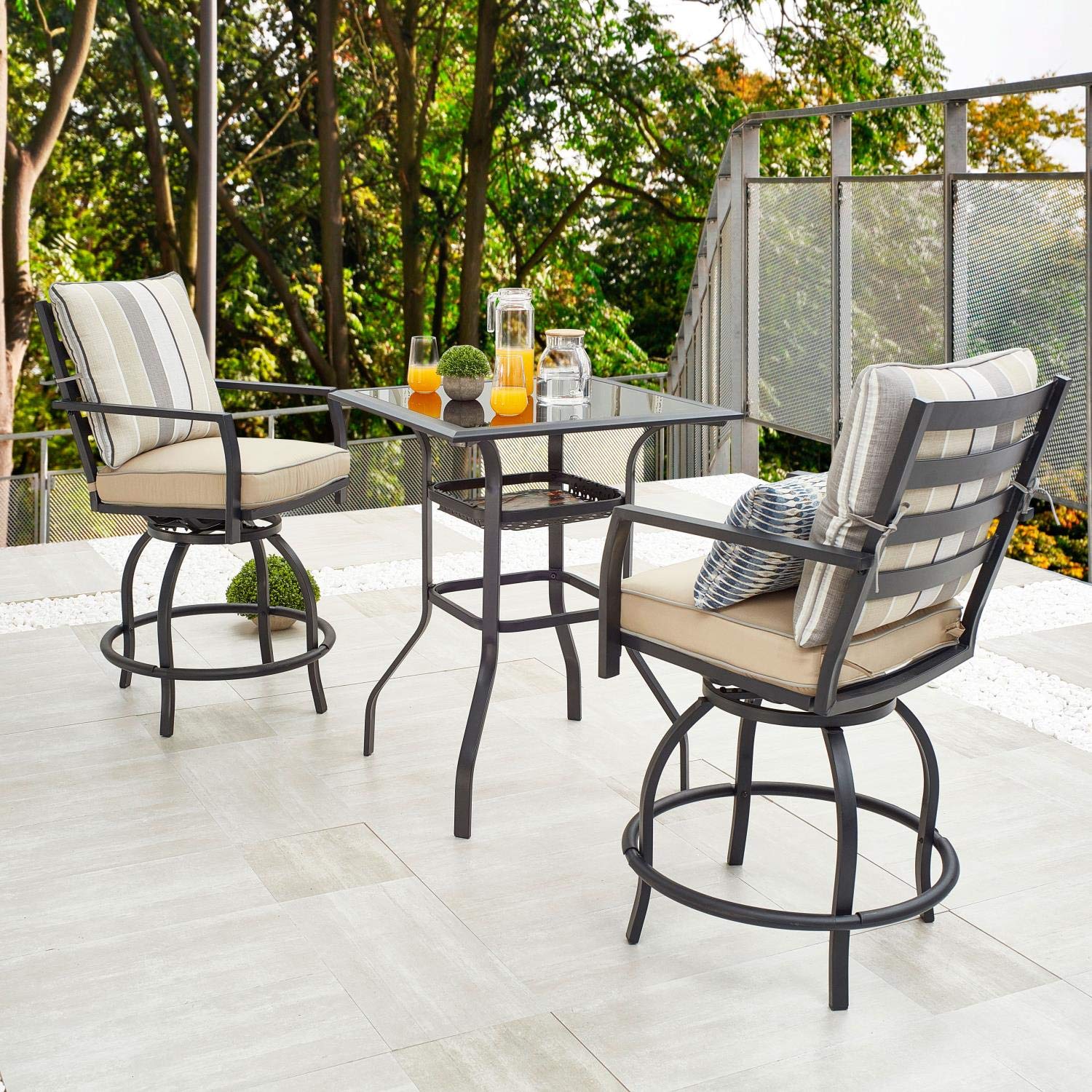 **PatioFestival Outdoor Bar Stools - Swivel Bar Height Chairs with Padded Cushion & Glass Top Table - Counter Height Patio Furniture Set for Balcony, Deck, or Backyard Dining**