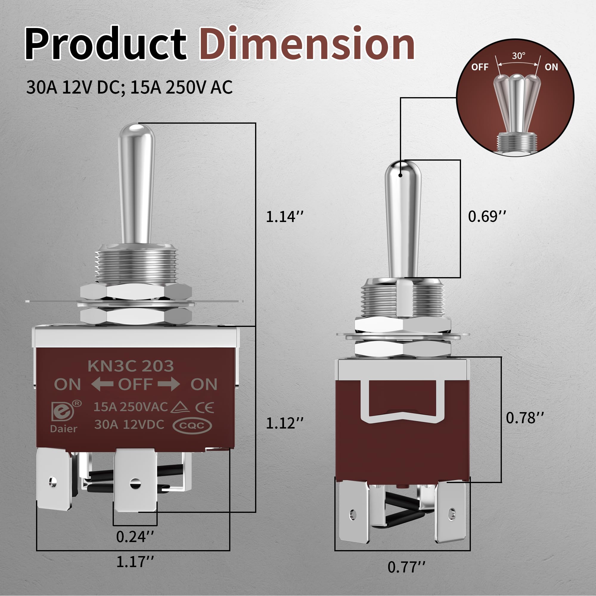 DaierTek 12V 30A Waterproof 4 Pin DPDT Latching Toggle Switch - ON Off ON 3 Position Reverse Polarity Switch for RV Jack, DC Motor, Boat, ATV & Marine Applications