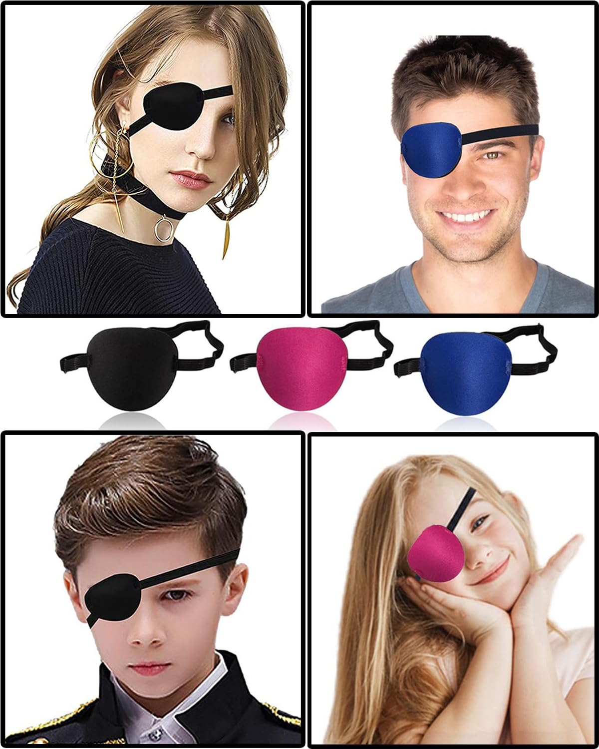 3Pcs Adjustable Lazy Eye Patches for Kids & Adults - Soft 3D Eye Mask for Halloween, Christmas & Pirate Costumes - Reusable Black, Blue, Red Eye Covers for Amblyopia Treatment & Cosplay